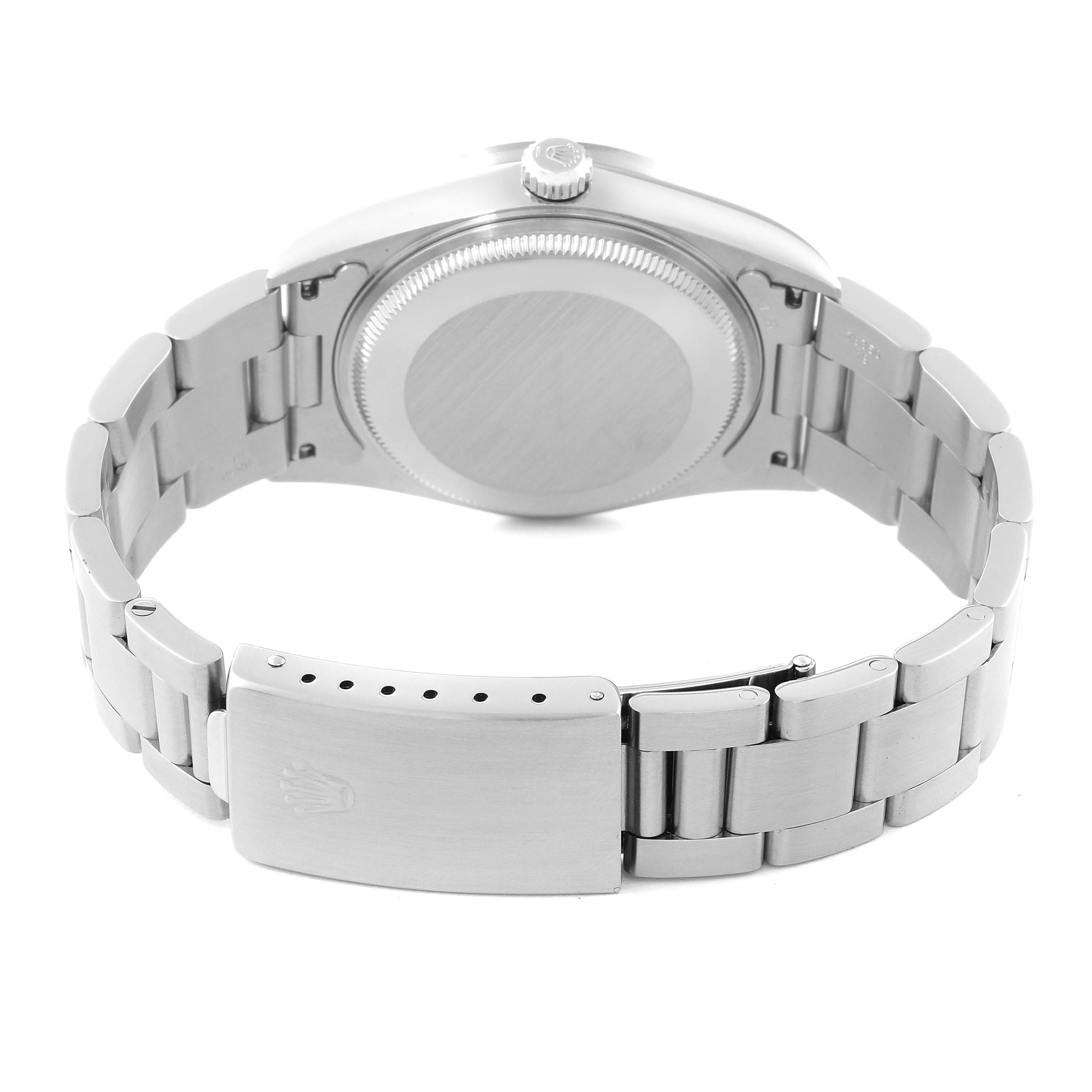 The image shows the back case and the bracelet clasp of a Rolex Air-King 14010 Men's Stainless Steel Blue Dial 14010 Men's Stainless Steel Blue Dial watch at a slightly angled rear view.