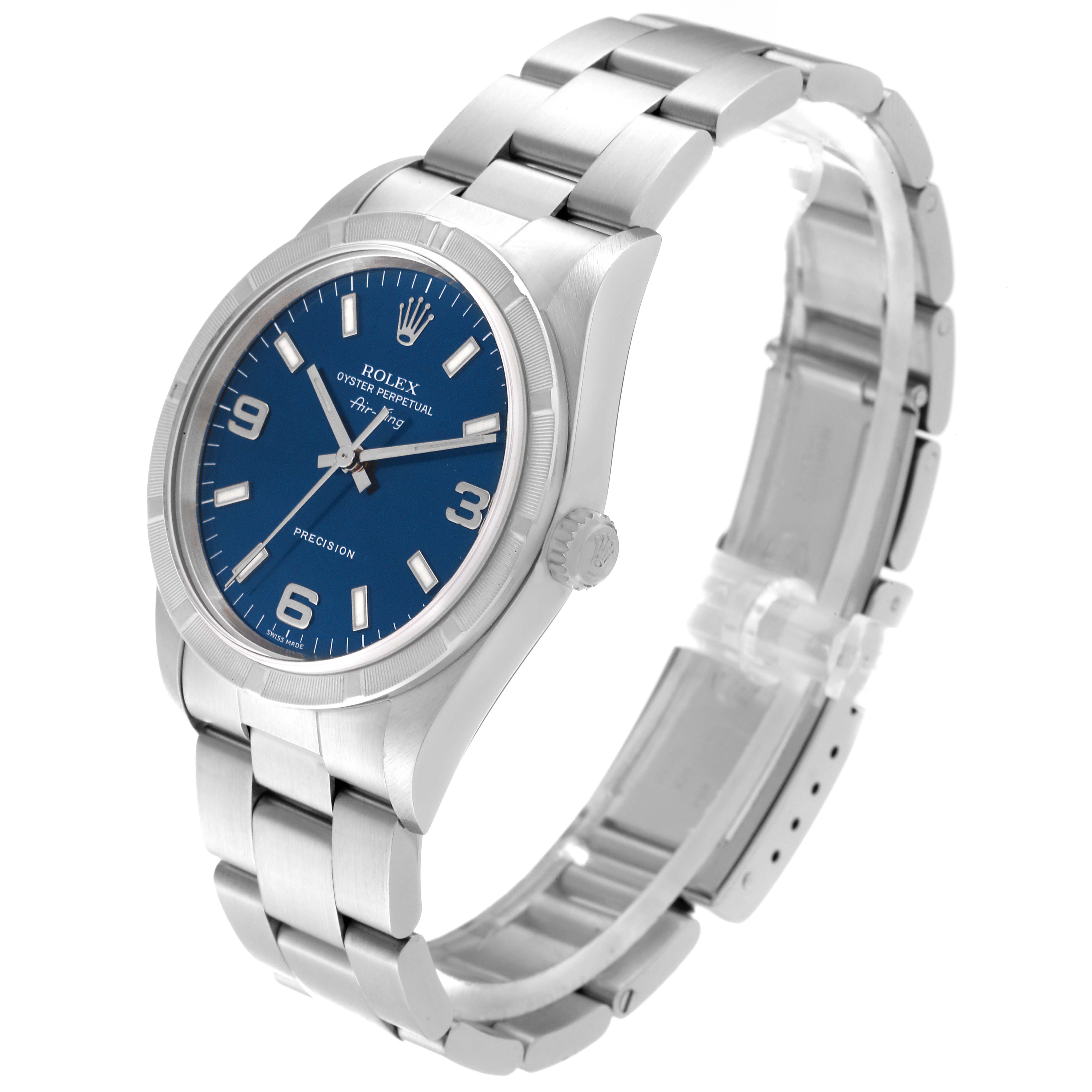 The Rolex Air-King 14010 Men's Stainless Steel Blue Dial 14010 Men's Stainless Steel Blue Dial watch is shown at a slight angle, displaying the face, crown, and metal bracelet in detail.