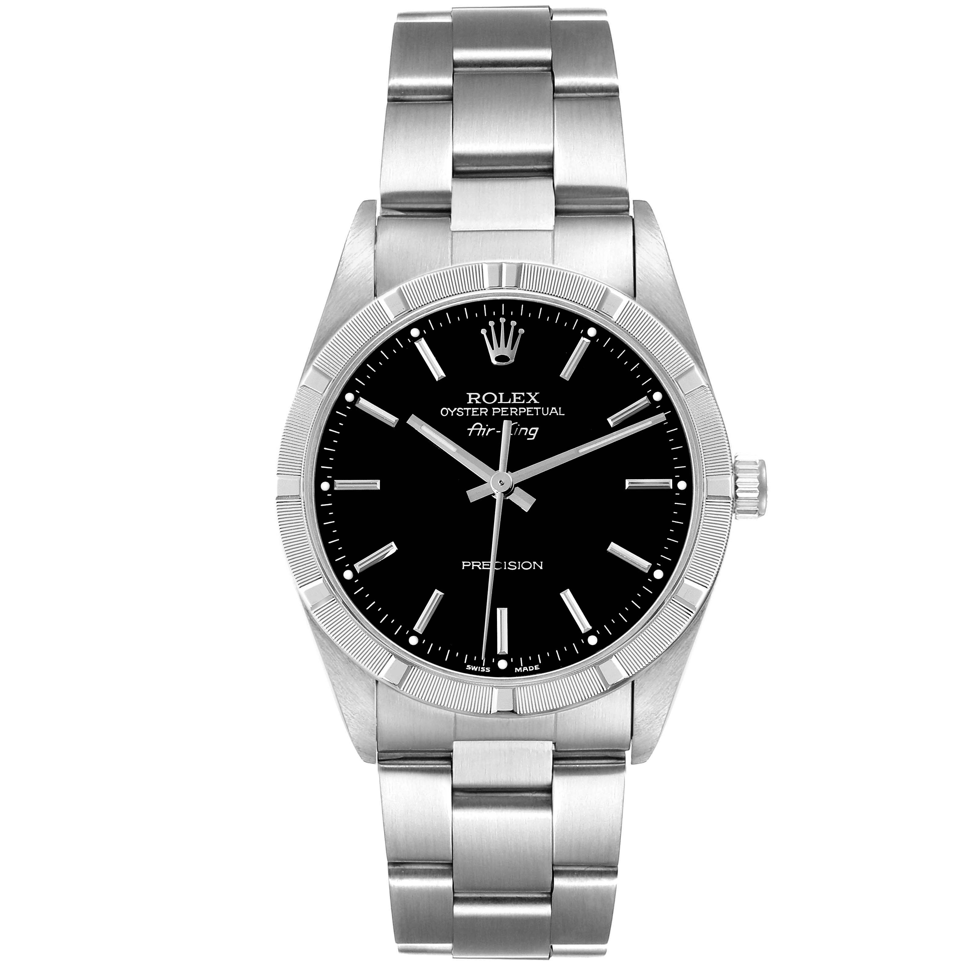 The image shows a front view of a Rolex Air-King 14010M Men's Stainless Steel Black Dial 14010M Men's Stainless Steel Black Dial watch, displaying the bracelet, bezel, dial, and crown.
