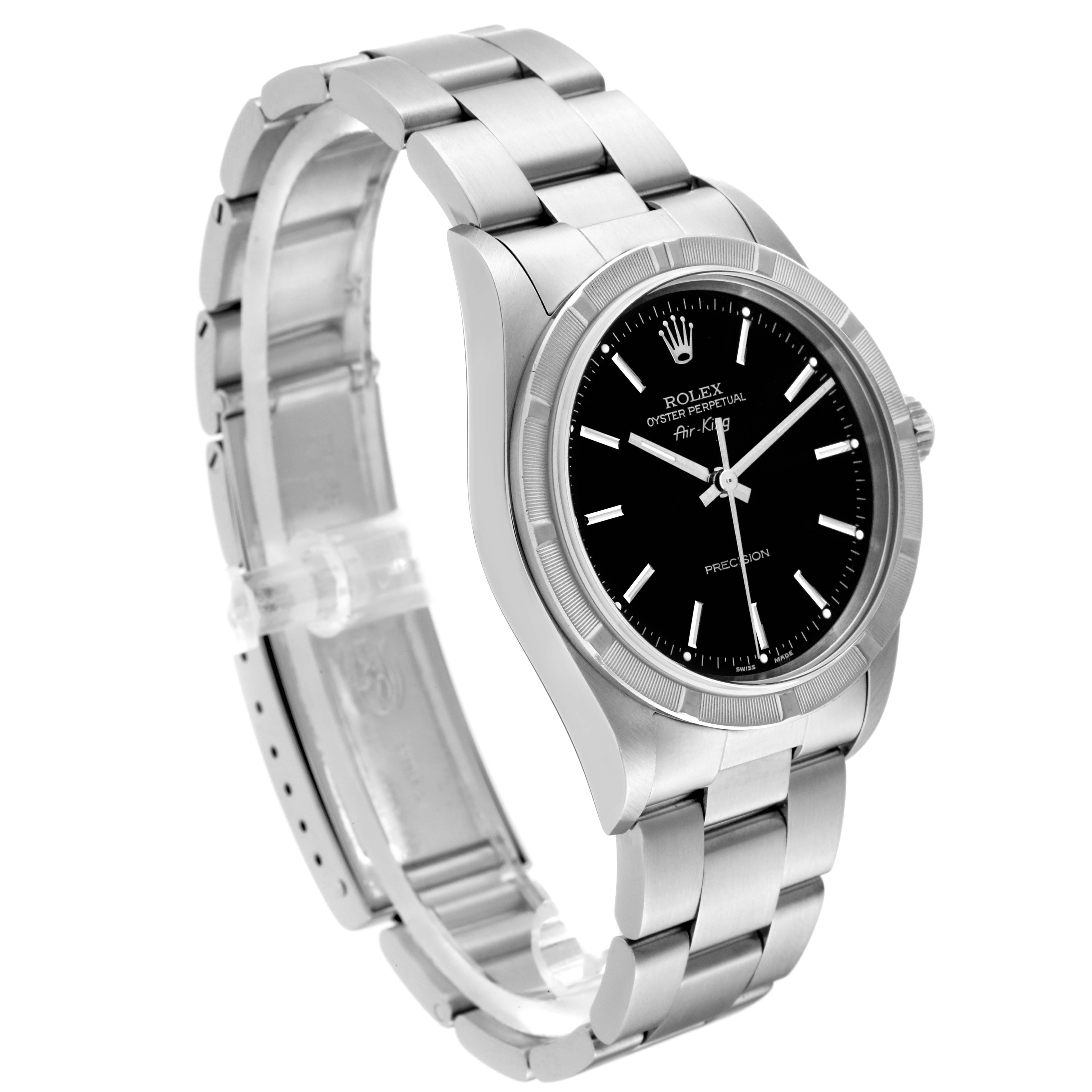 The image shows a side view of the Rolex Air-King 14010M Men's Stainless Steel Black Dial 14010M Men's Stainless Steel Black Dial watch, highlighting its stainless steel bracelet and black dial.