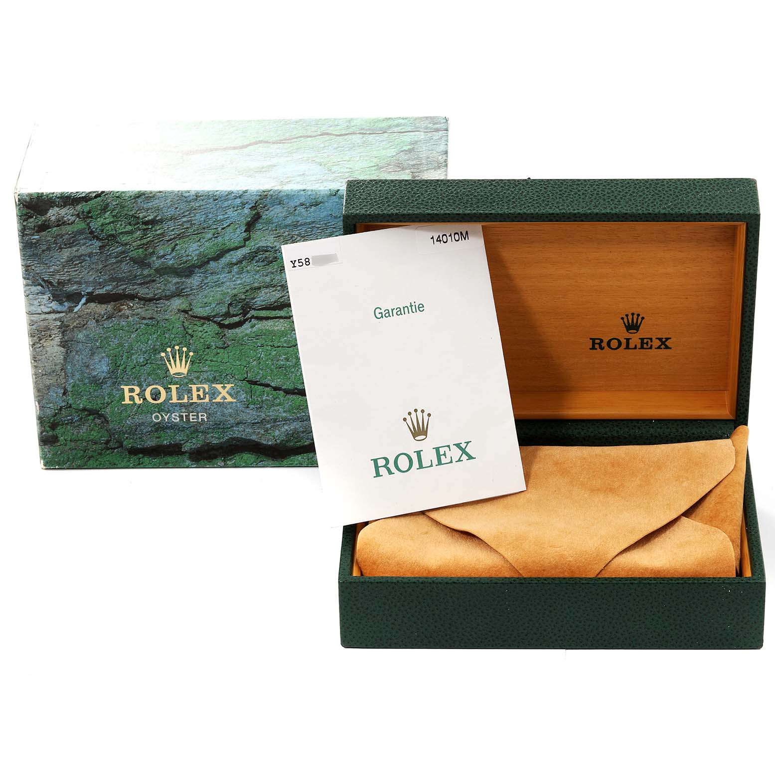 The image shows an open Rolex Air-King 14010M Men's Stainless Steel Black Dial 14010M Men's Stainless Steel Black Dial box with the warranty card displayed and the watch pouch inside.