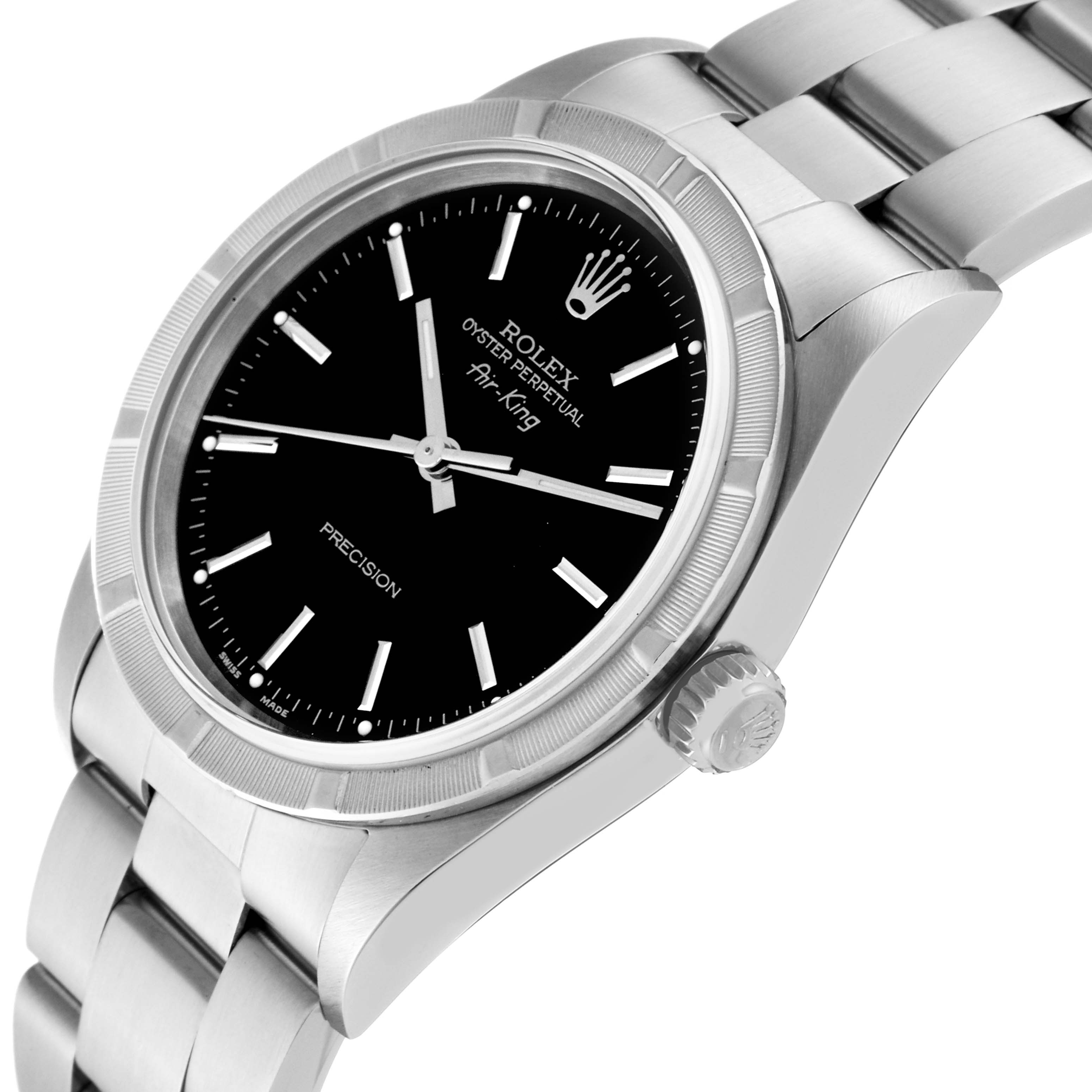 This image shows a Rolex Air-King 14010M Men's Stainless Steel Black Dial 14010M Men's Stainless Steel Black Dial watch from a three-quarter angle, highlighting the dial, bezel, crown, and part of the bracelet.