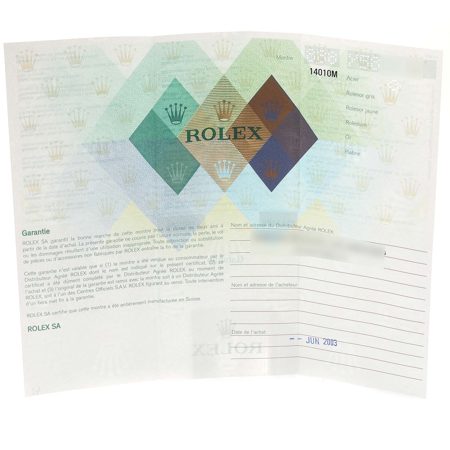 This image shows the warranty certificate for the Rolex Air-King 14010M Men's Stainless Steel Black Dial 14010M Men's Stainless Steel Black Dial model, including brand details and purchase information areas.