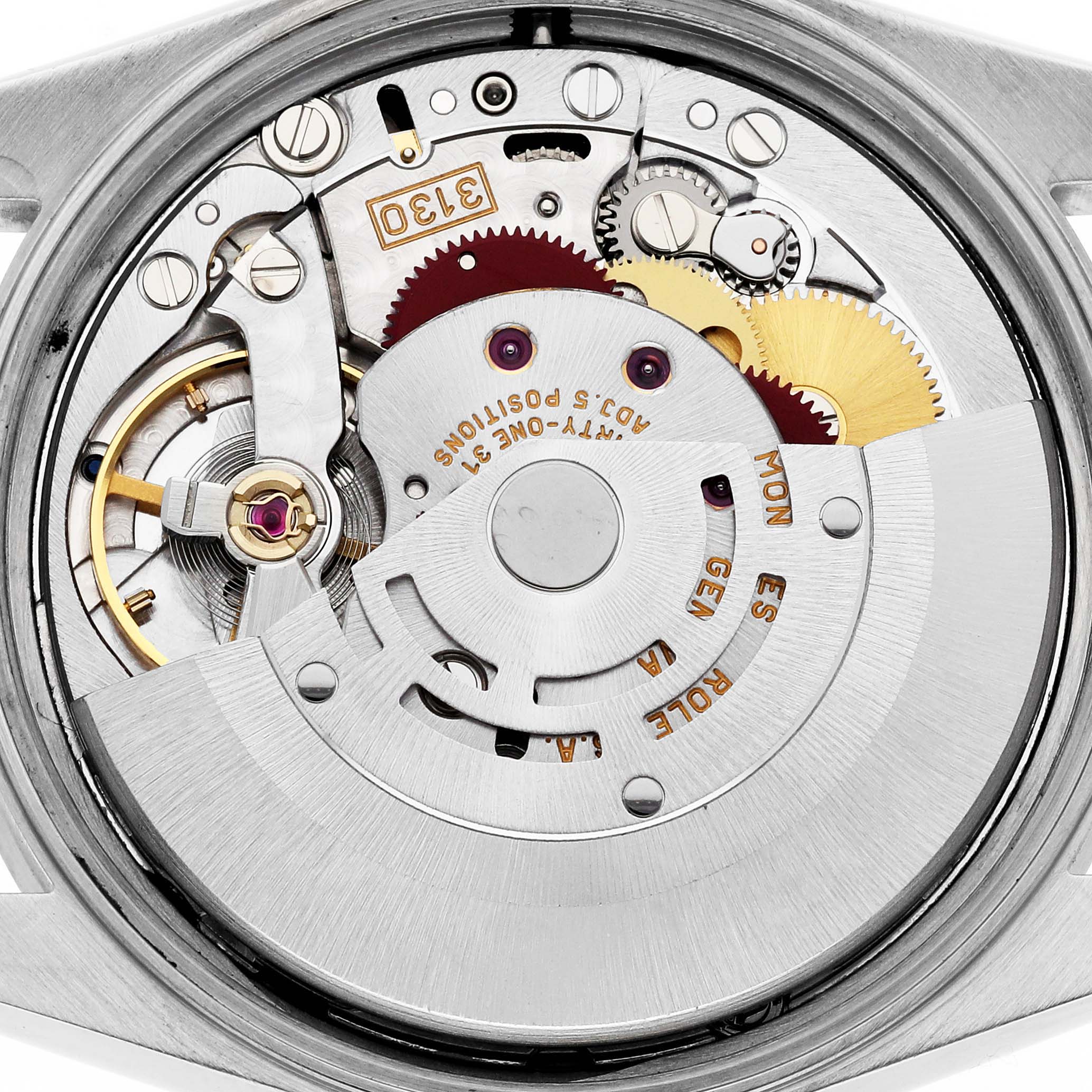 This image shows a close-up of the movement and inner mechanisms of a Rolex Air-King 14010M Men's Stainless Steel Black Dial 14010M Men's Stainless Steel Black Dial watch.
