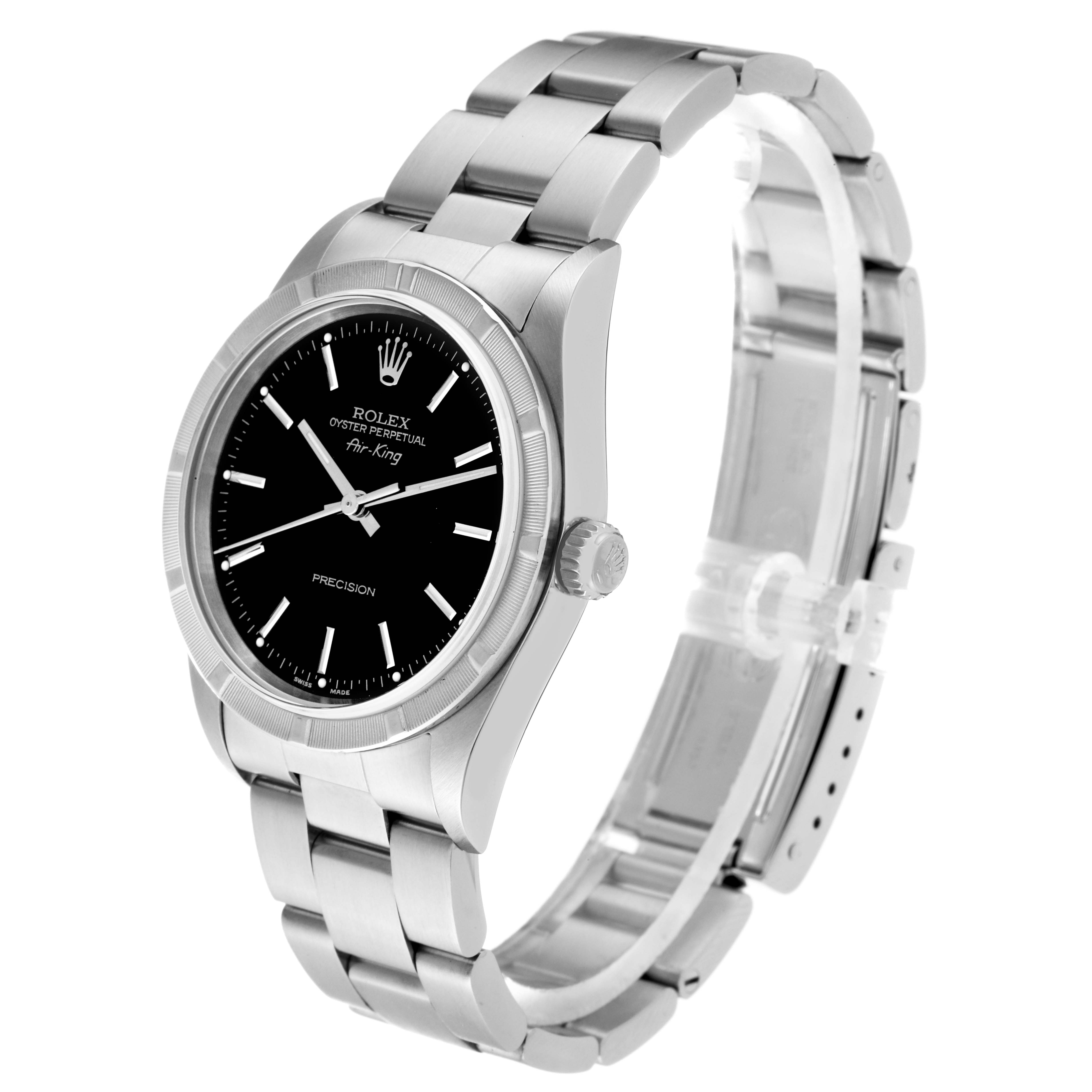 The Rolex Air-King 14010M Men's Stainless Steel Black Dial 14010M Men's Stainless Steel Black Dial watch is shown at a slight angle, displaying the face, crown, and metal bracelet.