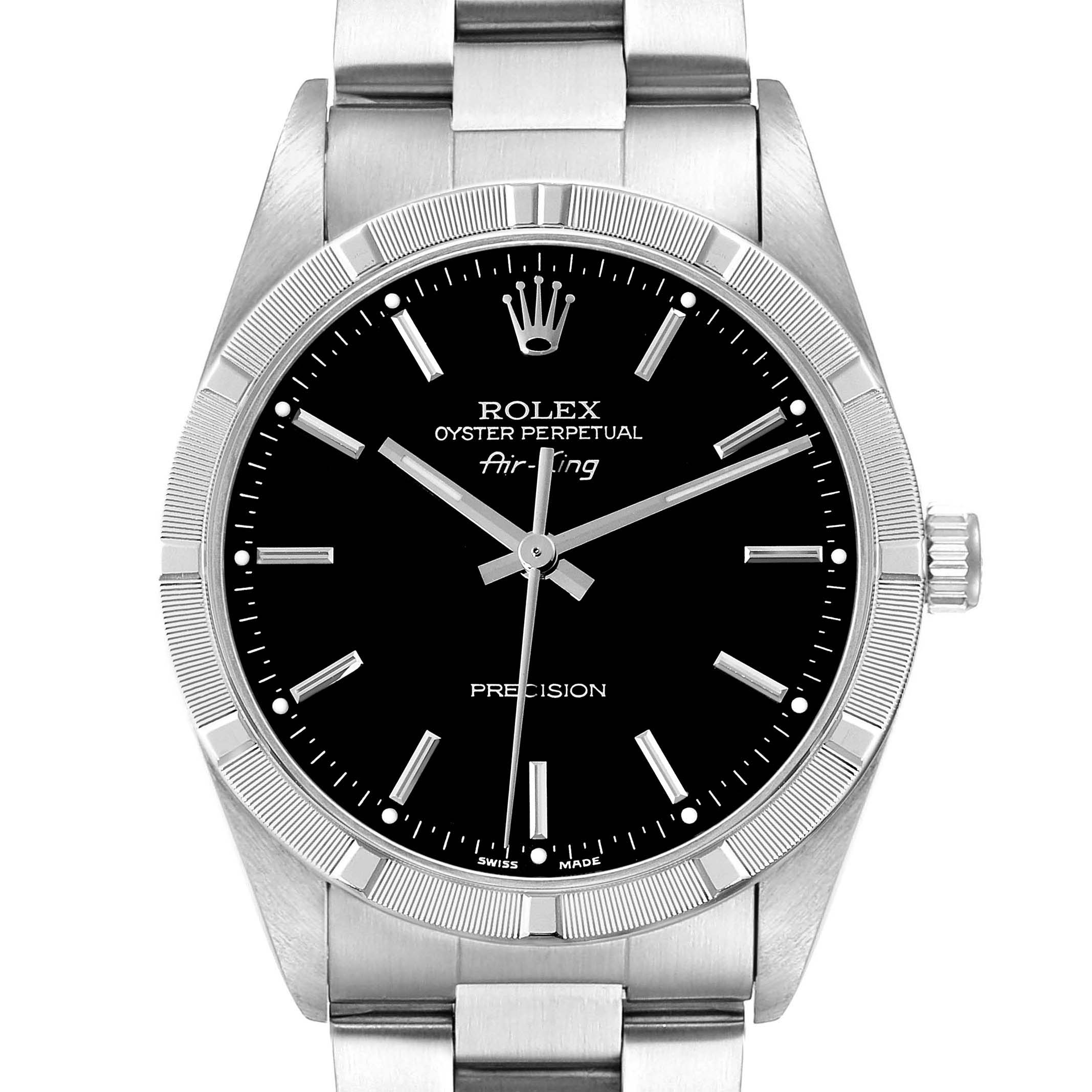 This is a front view of the Rolex Air-King 14010M Men's Stainless Steel Black Dial 14010M Men's Stainless Steel Black Dial showing the dial, bezel, crown, and parts of the bracelet.