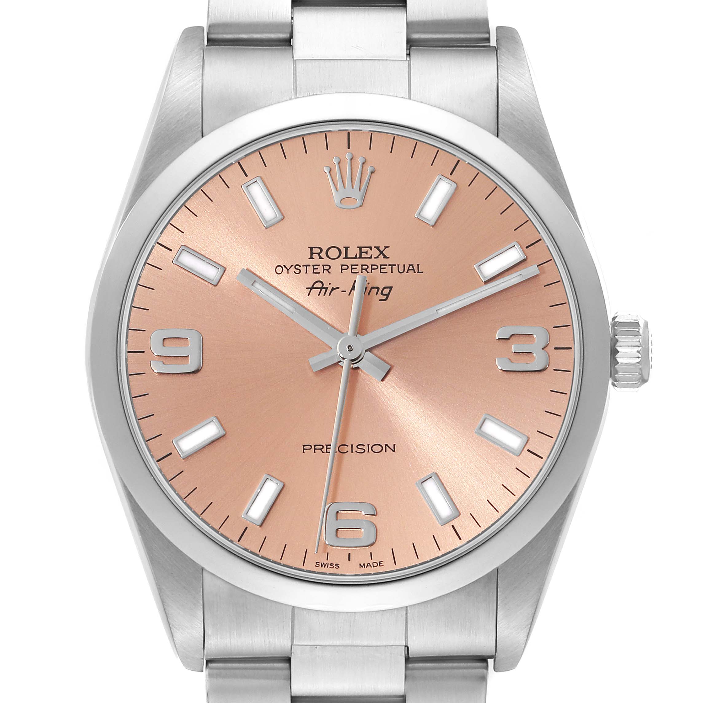 The image shows a frontal view of the Rolex Air-King 14000M Men's Stainless Steel Pink Dial 14000M Men's Stainless Steel Pink Dial watch, featuring its face, bezel, and part of the bracelet.