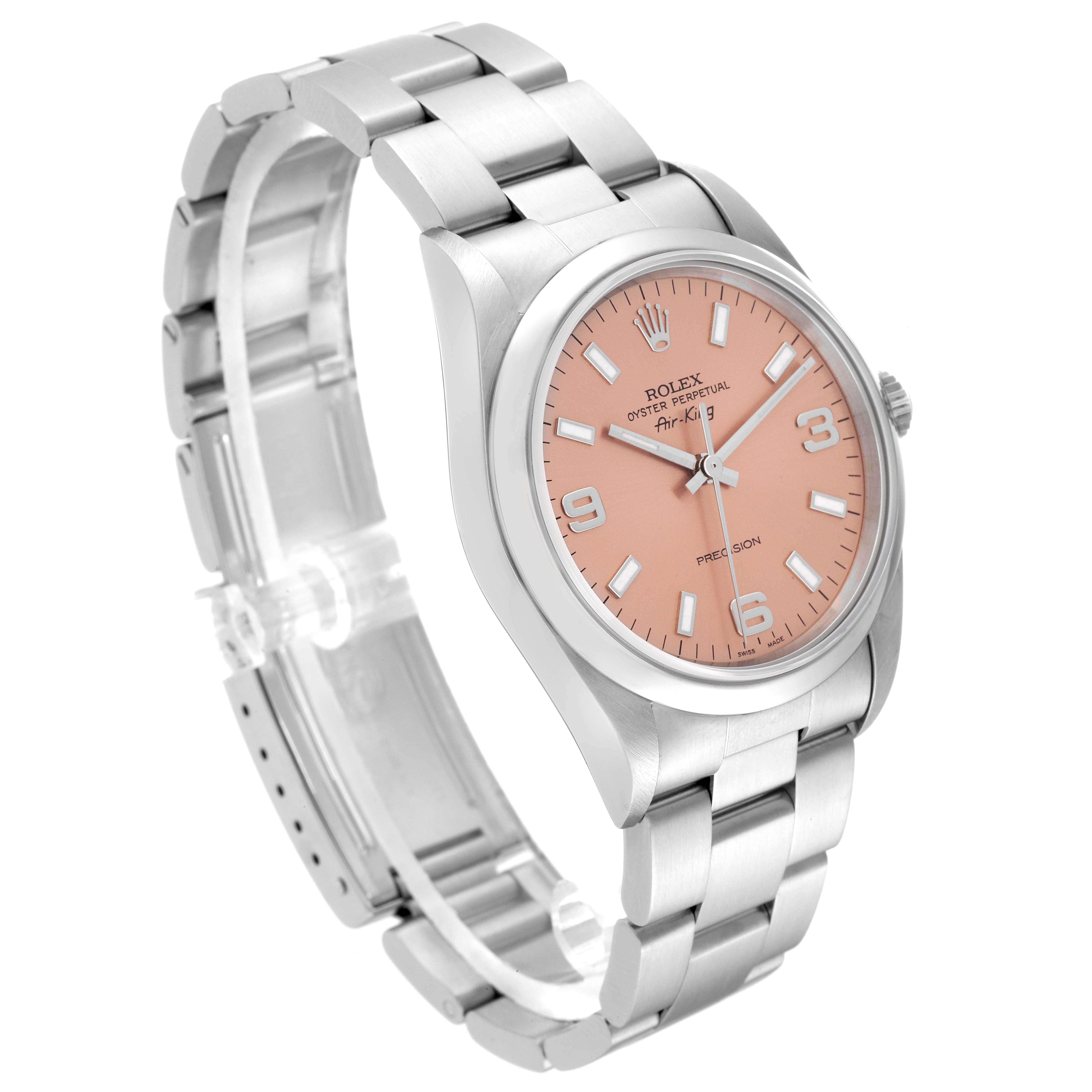 This image shows a side and front angle view of a Rolex Air-King 14000M Men's Stainless Steel Pink Dial 14000M Men's Stainless Steel Pink Dial watch, displaying its band, dial, and case.