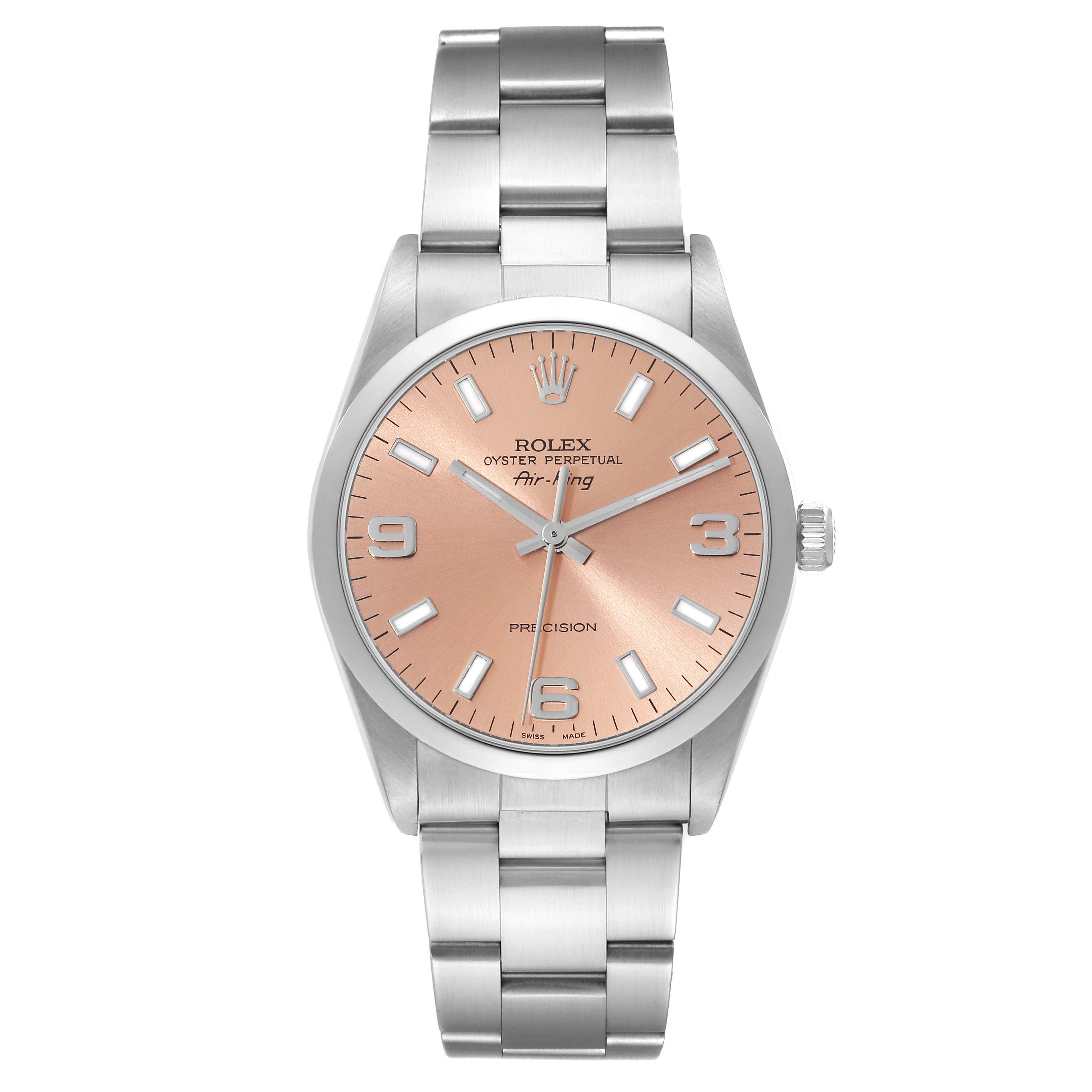 The image shows a frontal view of the Rolex Air-King 14000M Men's Stainless Steel Pink Dial 14000M Men's Stainless Steel Pink Dial watch, displaying its face, bezel, and bracelet.