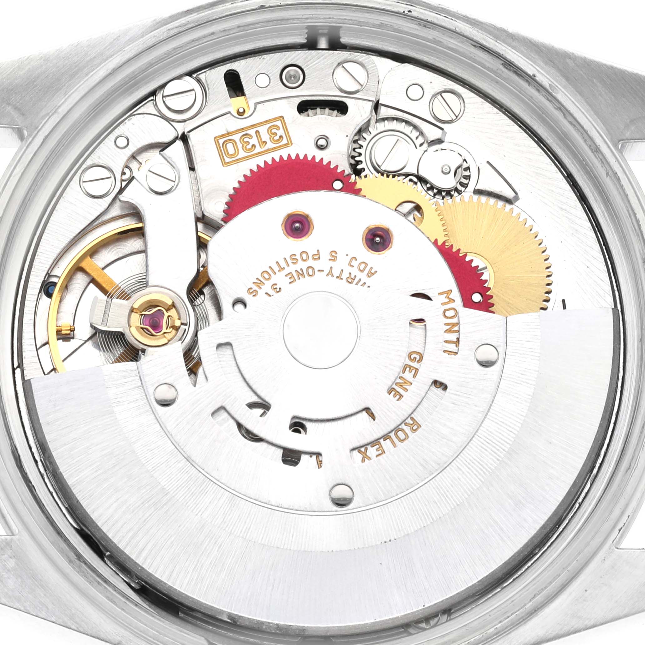 This image shows an internal view of the Rolex Air-King 14000M Men's Stainless Steel Pink Dial 14000M Men's Stainless Steel Pink Dial watch movement mechanism.