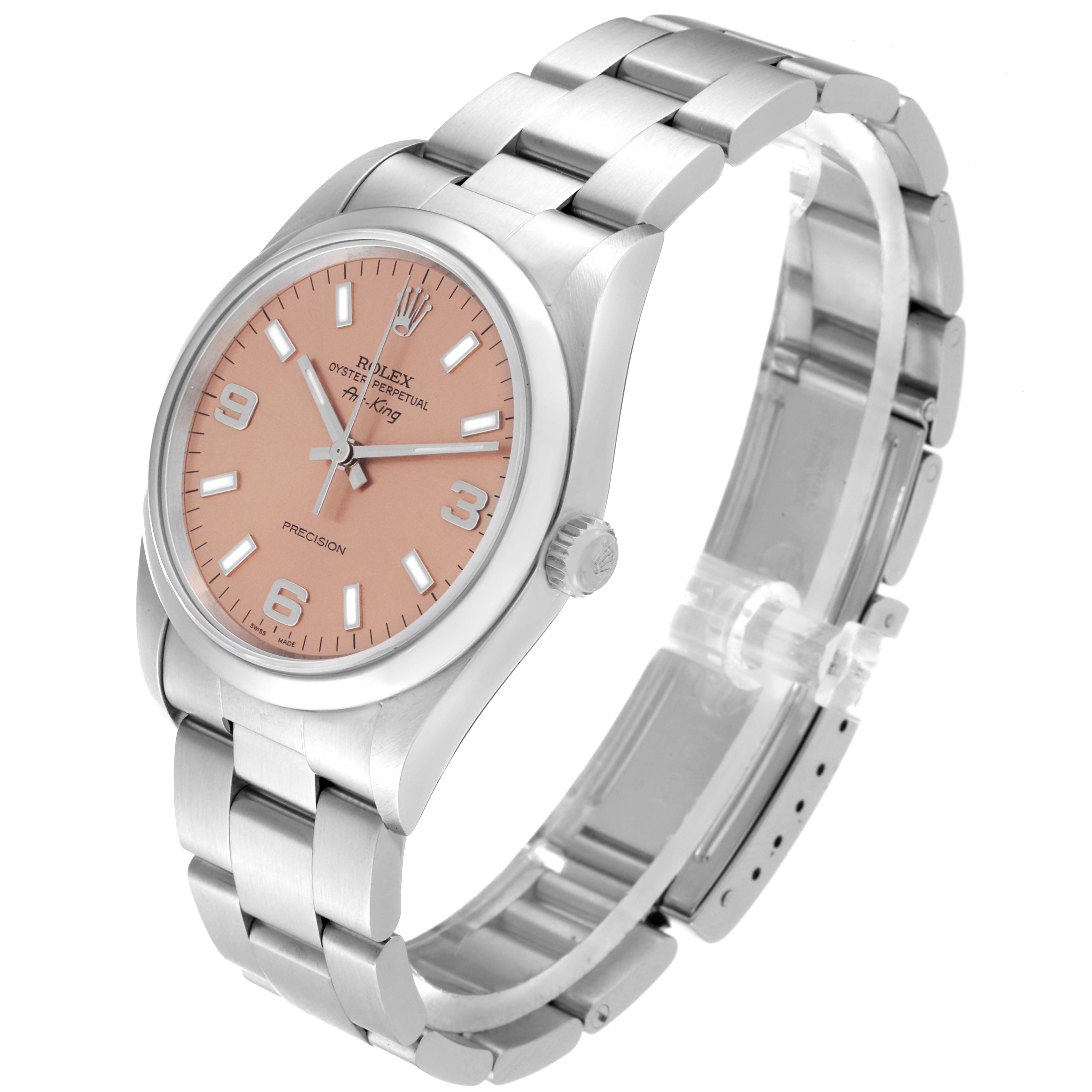 The Rolex Air-King 14000M Men's Stainless Steel Pink Dial 14000M Men's Stainless Steel Pink Dial watch is shown at a side angle, displaying its face, case, and bracelet.