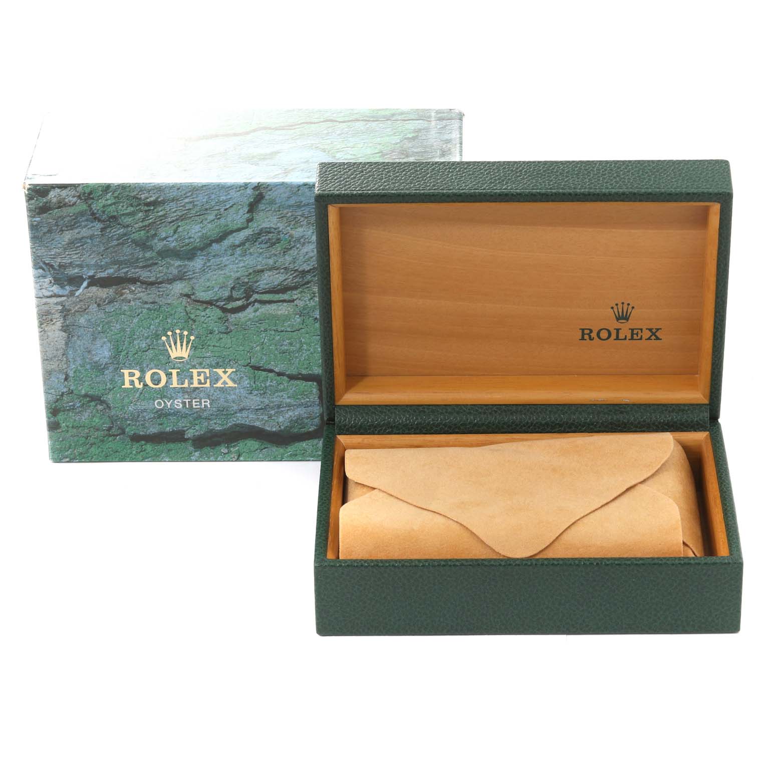 The image shows the packaging and open box for a Rolex Air-King 14000M Men's Stainless Steel Pink Dial 14000M Men's Stainless Steel Pink Dial watch, featuring green and wood textures with a protective pouch.