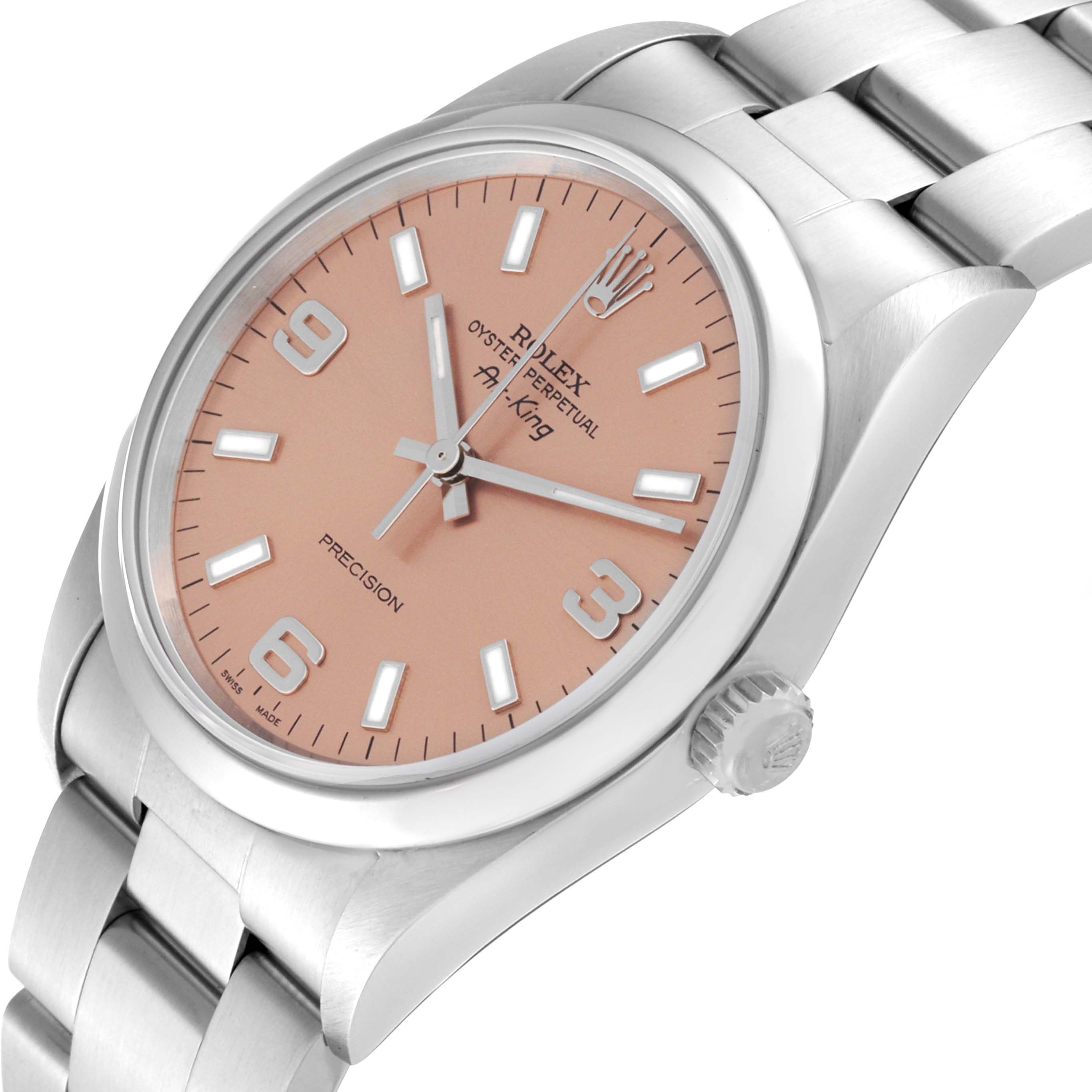 The image shows a side view angle of a Rolex Air-King 14000M Men's Stainless Steel Pink Dial 14000M Men's Stainless Steel Pink Dial watch, highlighting the pink dial, crown, and part of the metal bracelet.