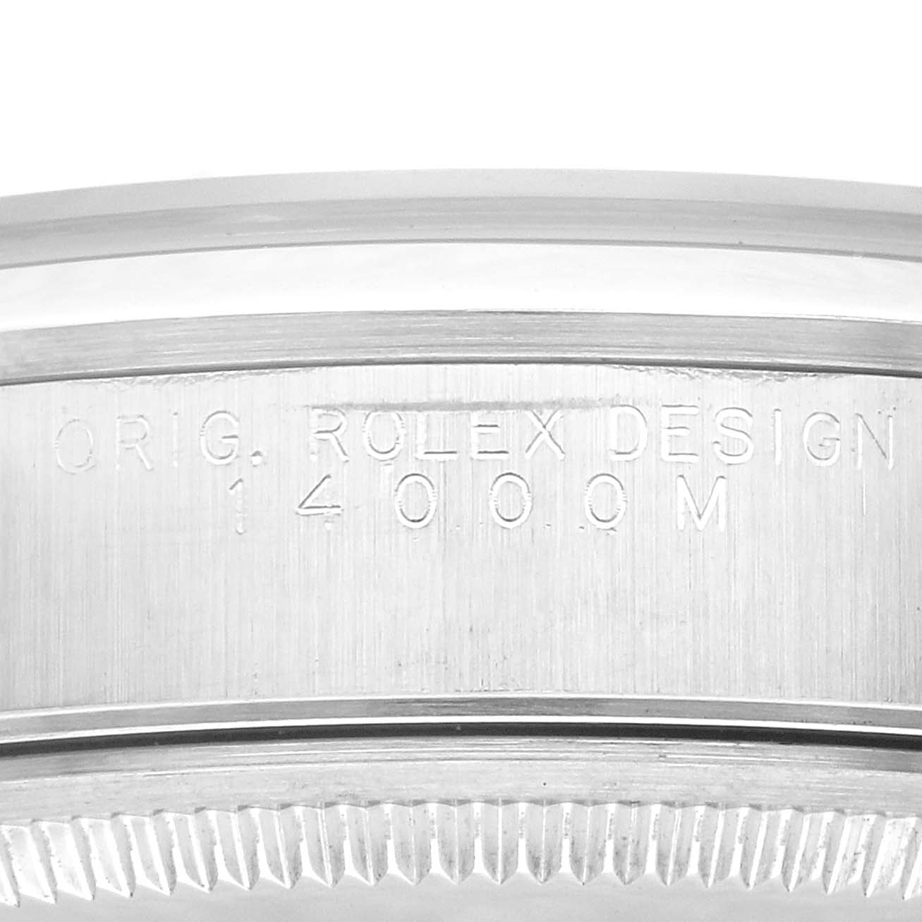 This image shows a close-up of the case side engraving on the Rolex Air-King 14000M Men's Stainless Steel Pink Dial 14000M Men's Stainless Steel Pink Dial model.