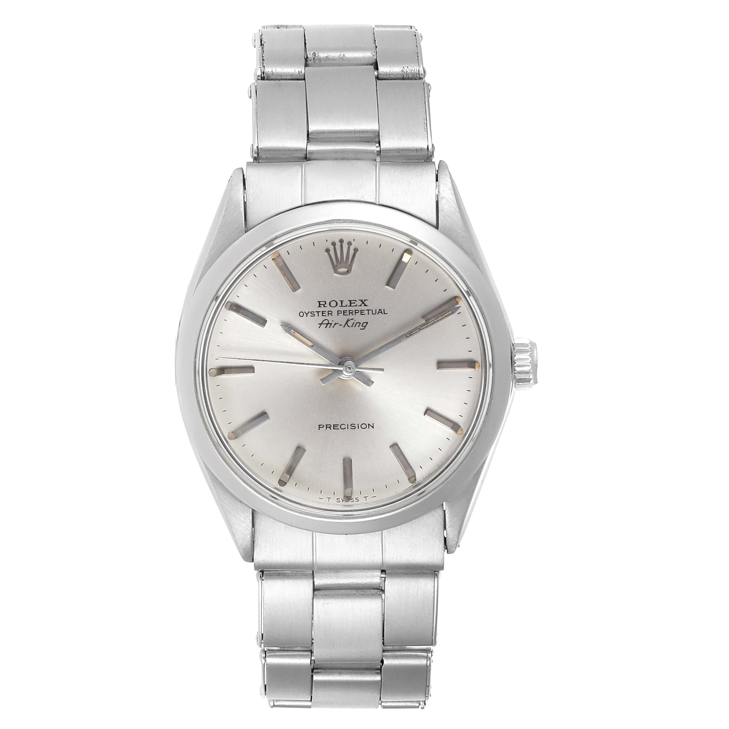 The image shows a front view of a Rolex Vintage Collection 5500 Men
s Stainless Steel Silver Dial 5500 Men
s Stainless Steel Silver Dial Air-King watch, displaying the face, case, and bracelet.