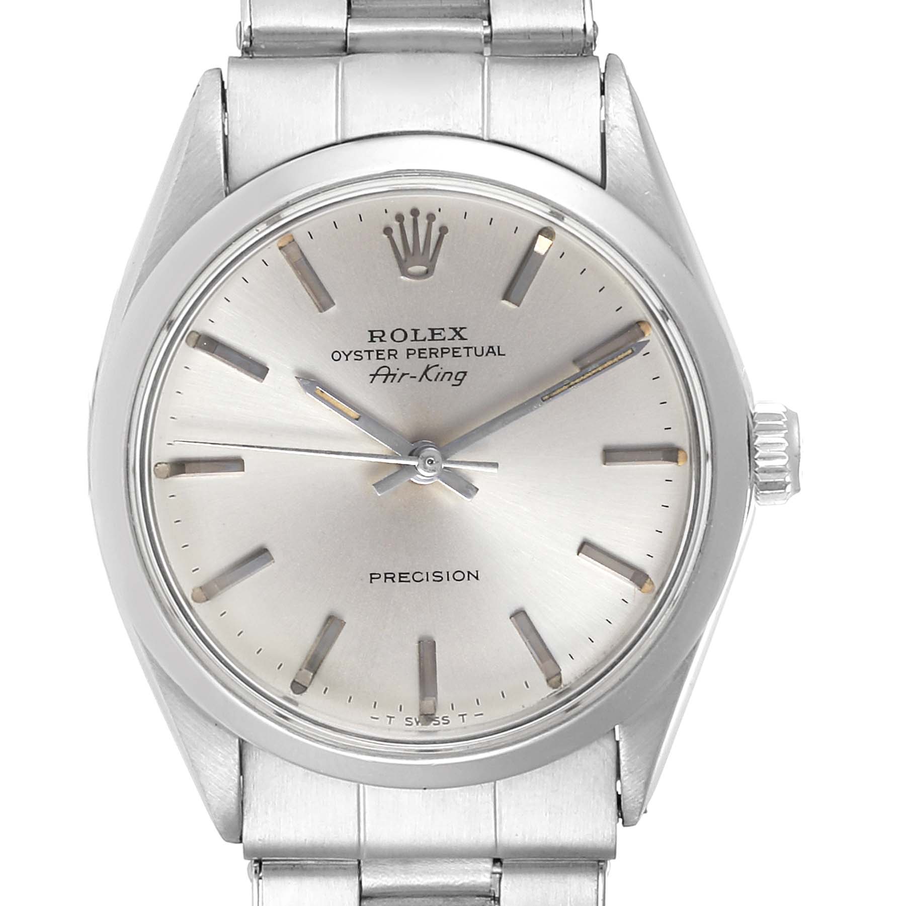 The image shows a front view of the dial and bracelet of a Rolex Vintage Collection 5500 Men
s Stainless Steel Silver Dial 5500 Men
s Stainless Steel Silver Dial Oyster Perpetual Air-King watch.
