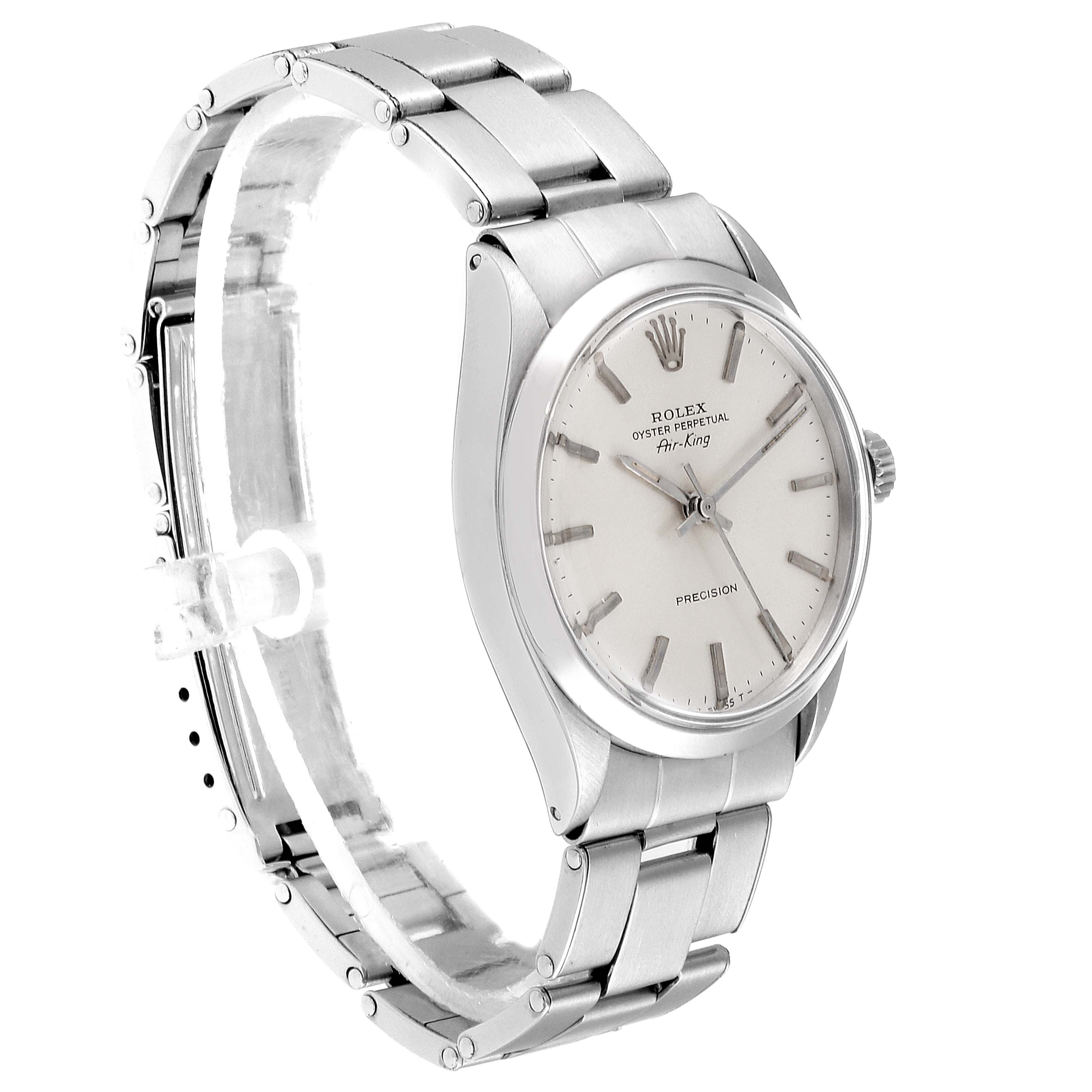 The image shows a side angle view of a Vintage Collection Rolex Oyster Perpetual Air-King watch, displaying the face, bezel, and bracelet.
