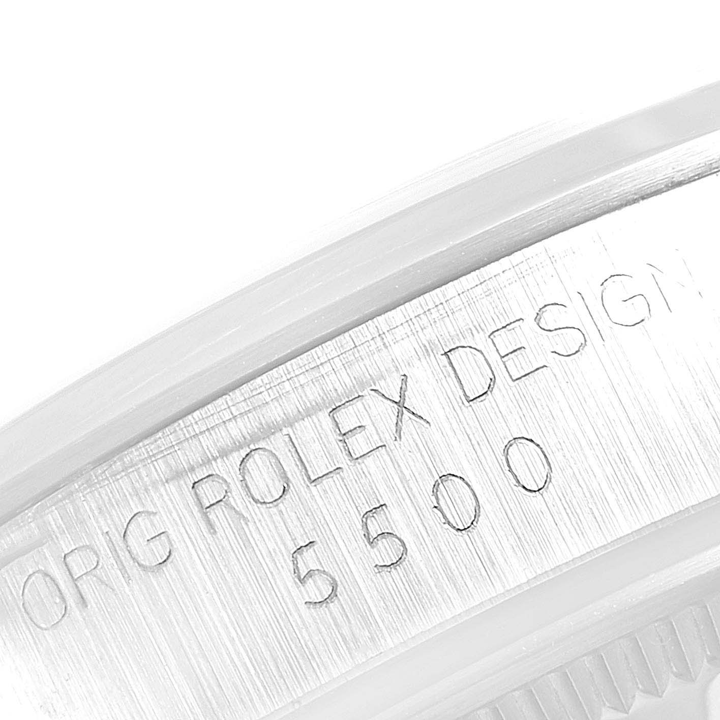 This image shows a close-up of the engraved serial number "5500" on a Rolex Vintage Collection 5500 Men
s Stainless Steel Silver Dial 5500 Men
s Stainless Steel Silver Dial model.