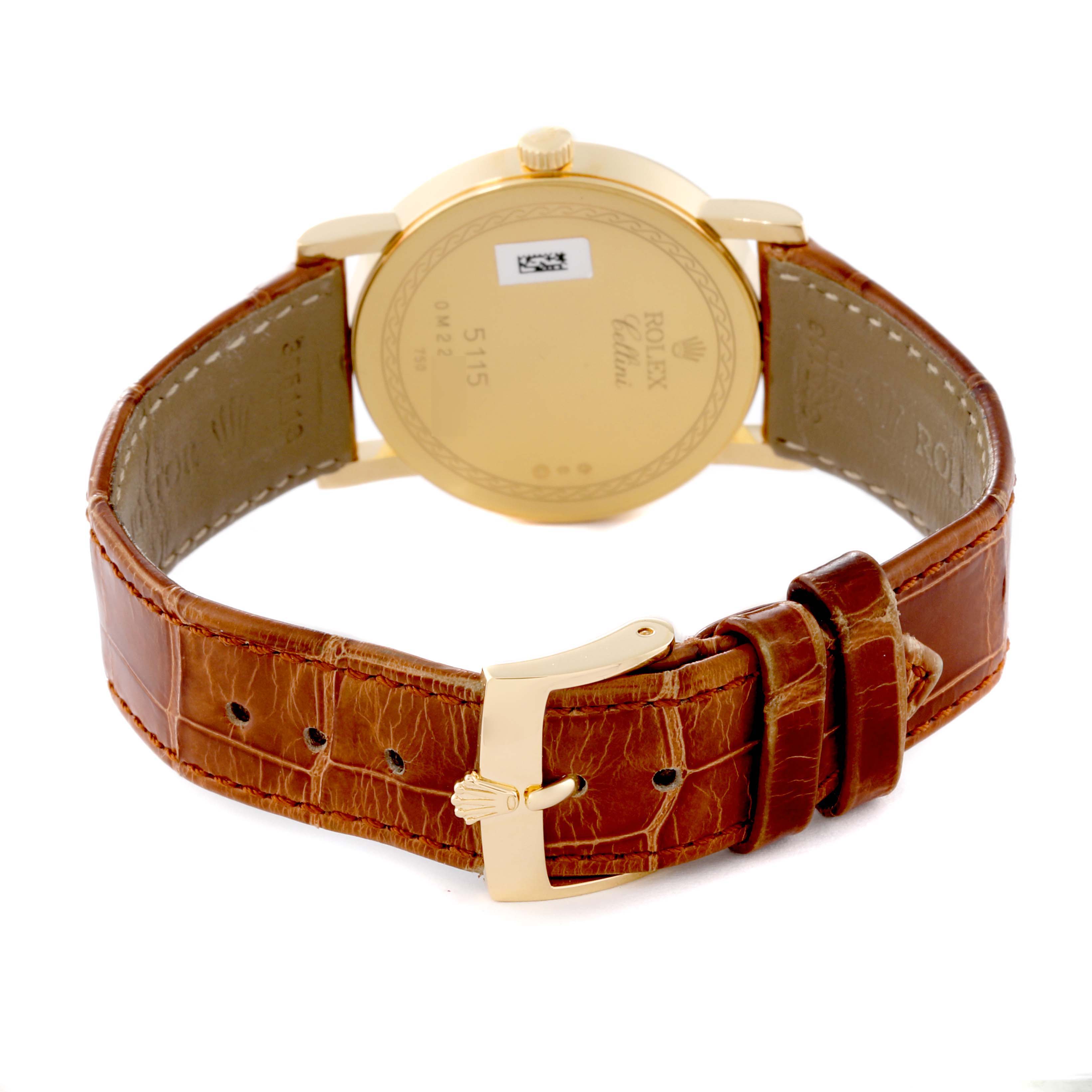 The image depicts the back case and leather strap of a Rolex Cellini 5115 Men's Yellow Gold Grey Dial 5115 Men's Yellow Gold Grey Dial watch, shown from a rear angle.