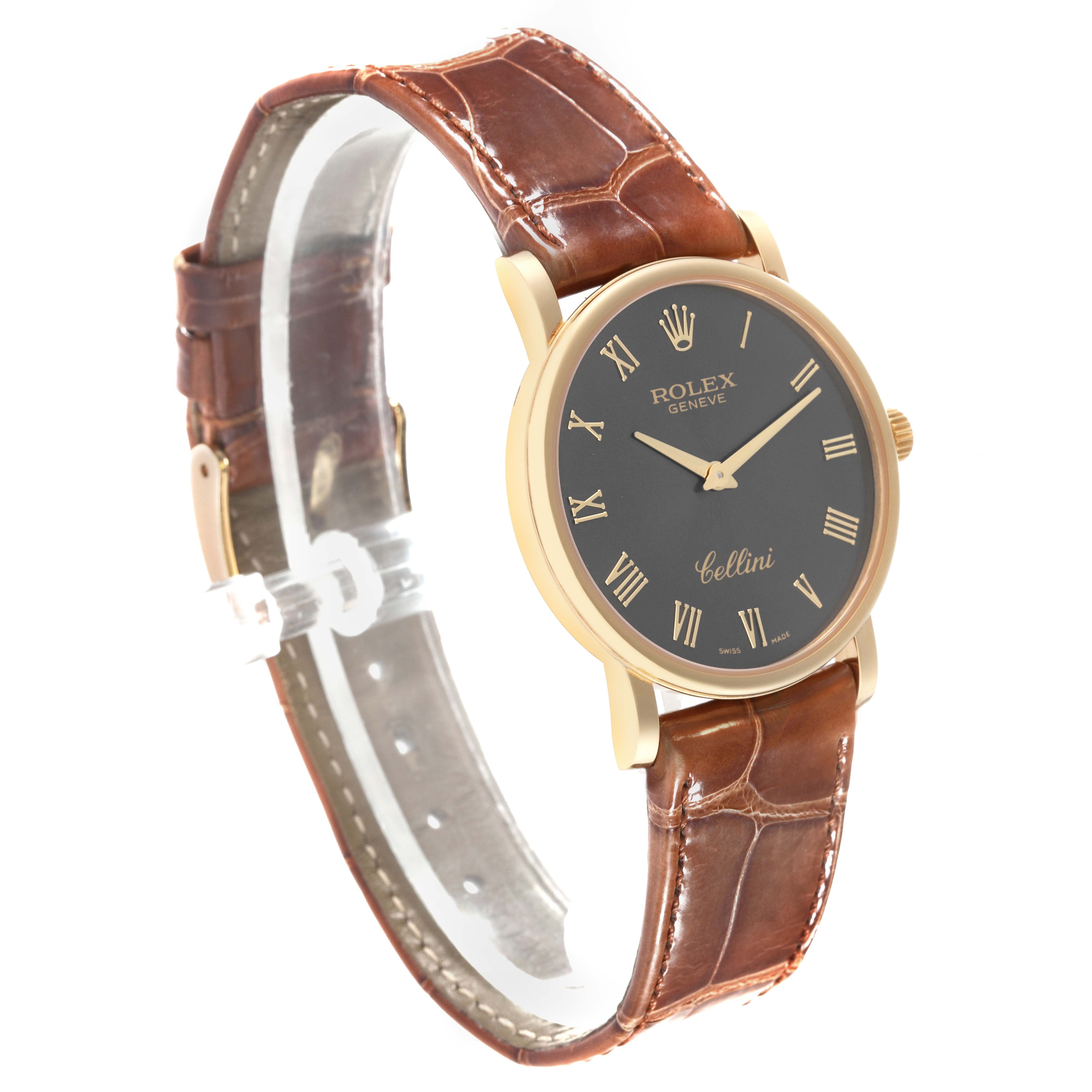 The image shows a Rolex Cellini 5115 Men's Yellow Gold Grey Dial 5115 Men's Yellow Gold Grey Dial watch at a slight angle, highlighting its face, brown leather strap, and gold case.