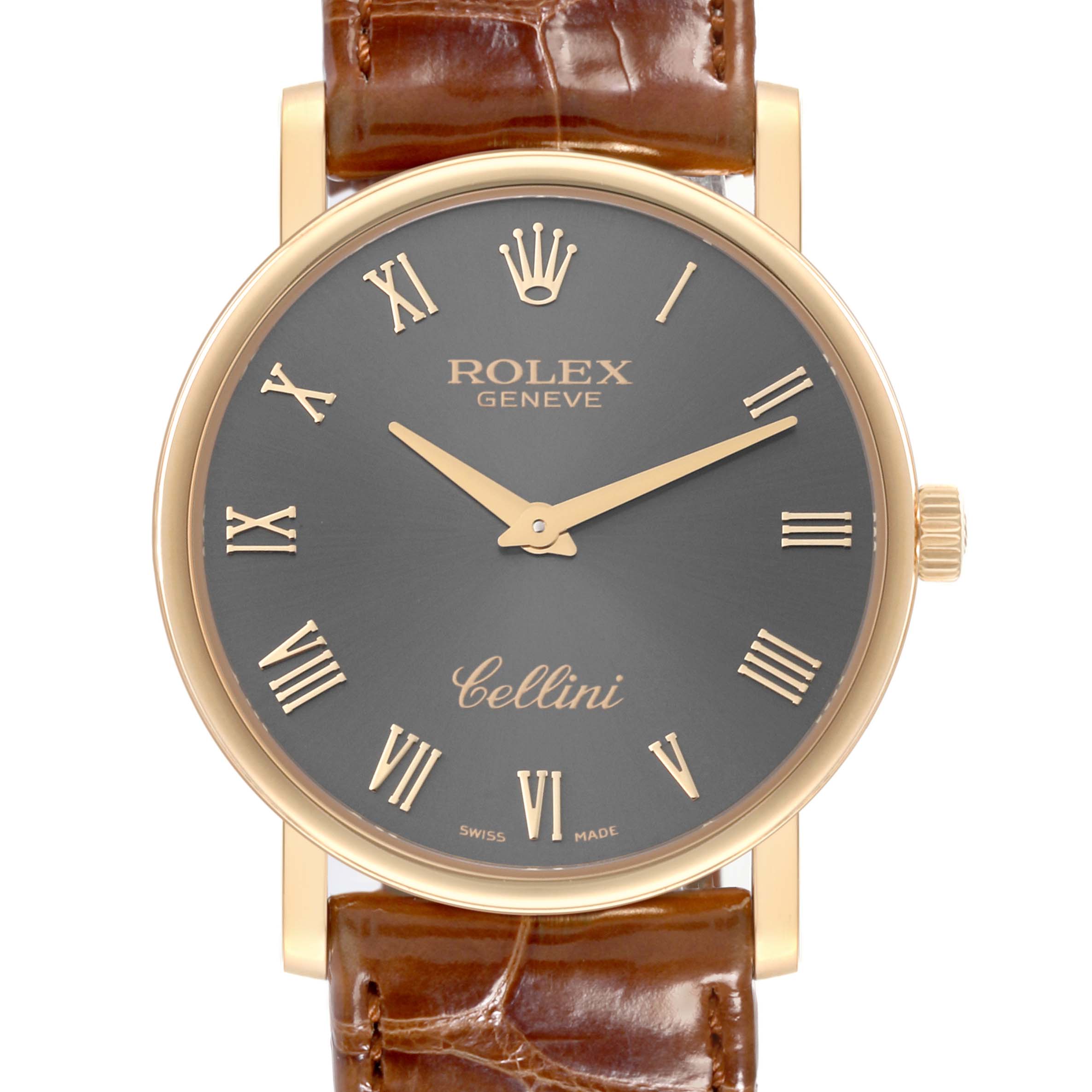 The image shows a Rolex Cellini 5115 Men's Yellow Gold Grey Dial 5115 Men's Yellow Gold Grey Dial watch from a frontal angle, highlighting the dial, crown, and leather strap.