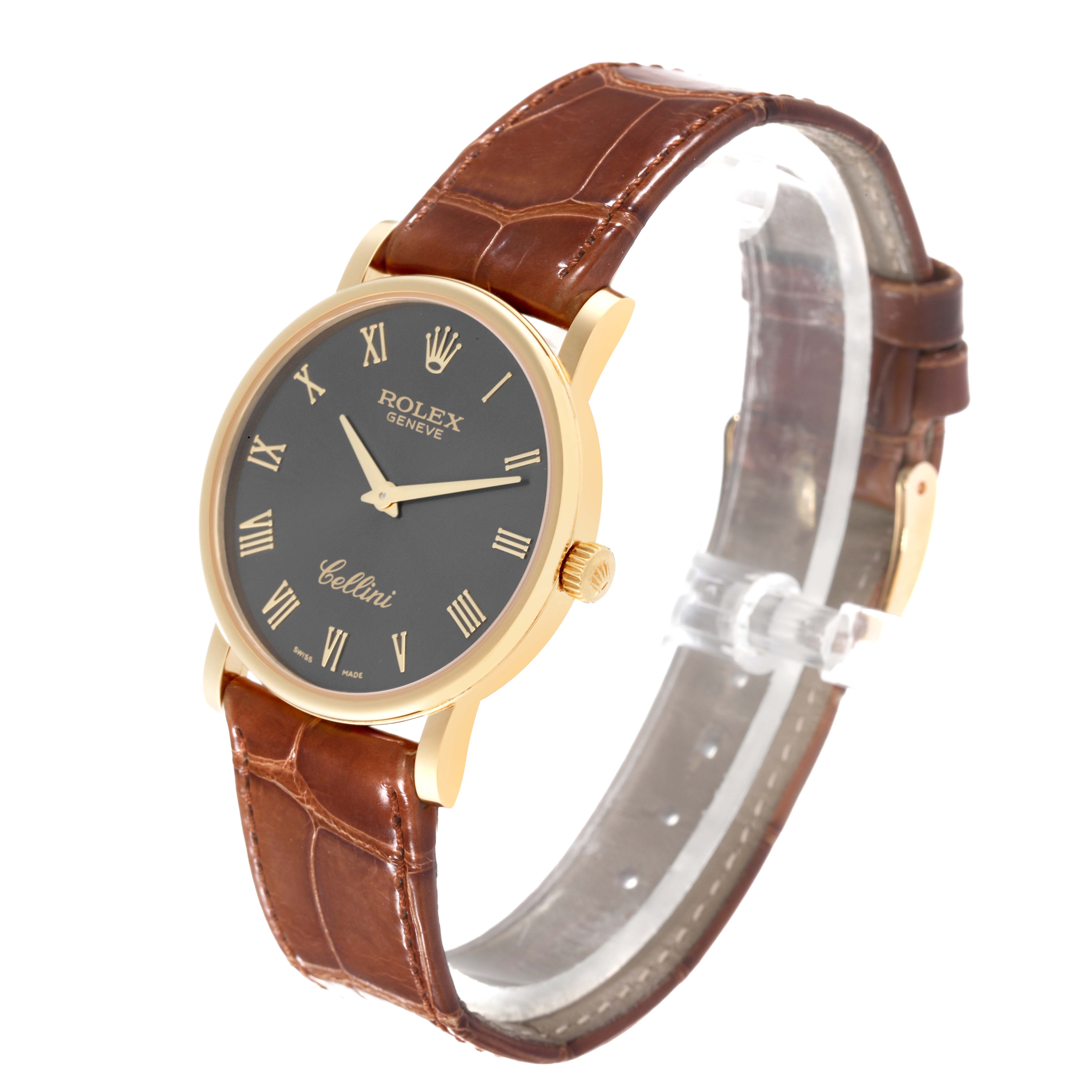 This image shows a side-angle view of a Rolex Cellini 5115 Men's Yellow Gold Grey Dial 5115 Men's Yellow Gold Grey Dial watch, highlighting its face, dial, gold casing, and brown leather strap.