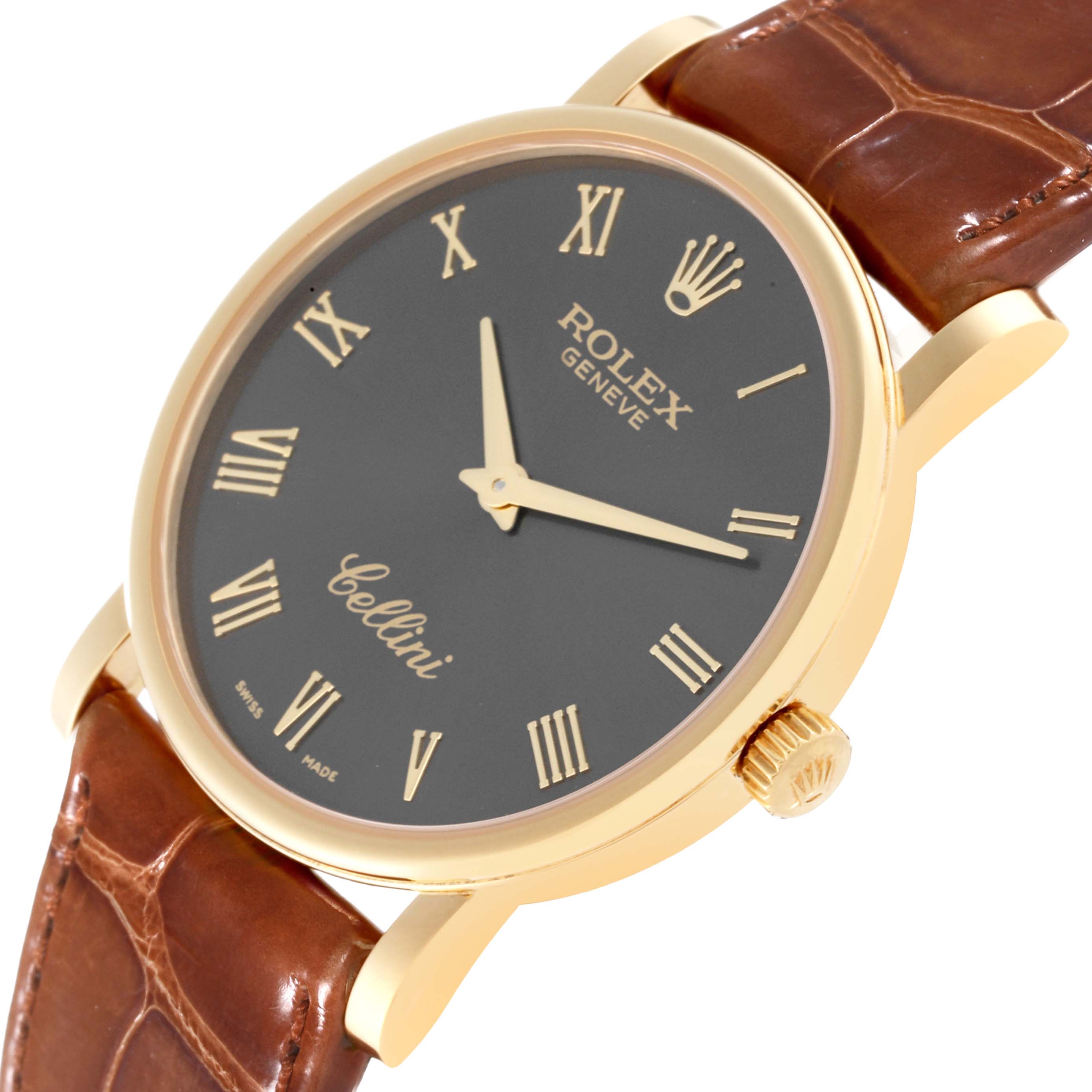 This Rolex Cellini 5115 Men's Yellow Gold Grey Dial 5115 Men's Yellow Gold Grey Dial watch is shown from a slight side angle, displaying the dial, crown, and leather strap.