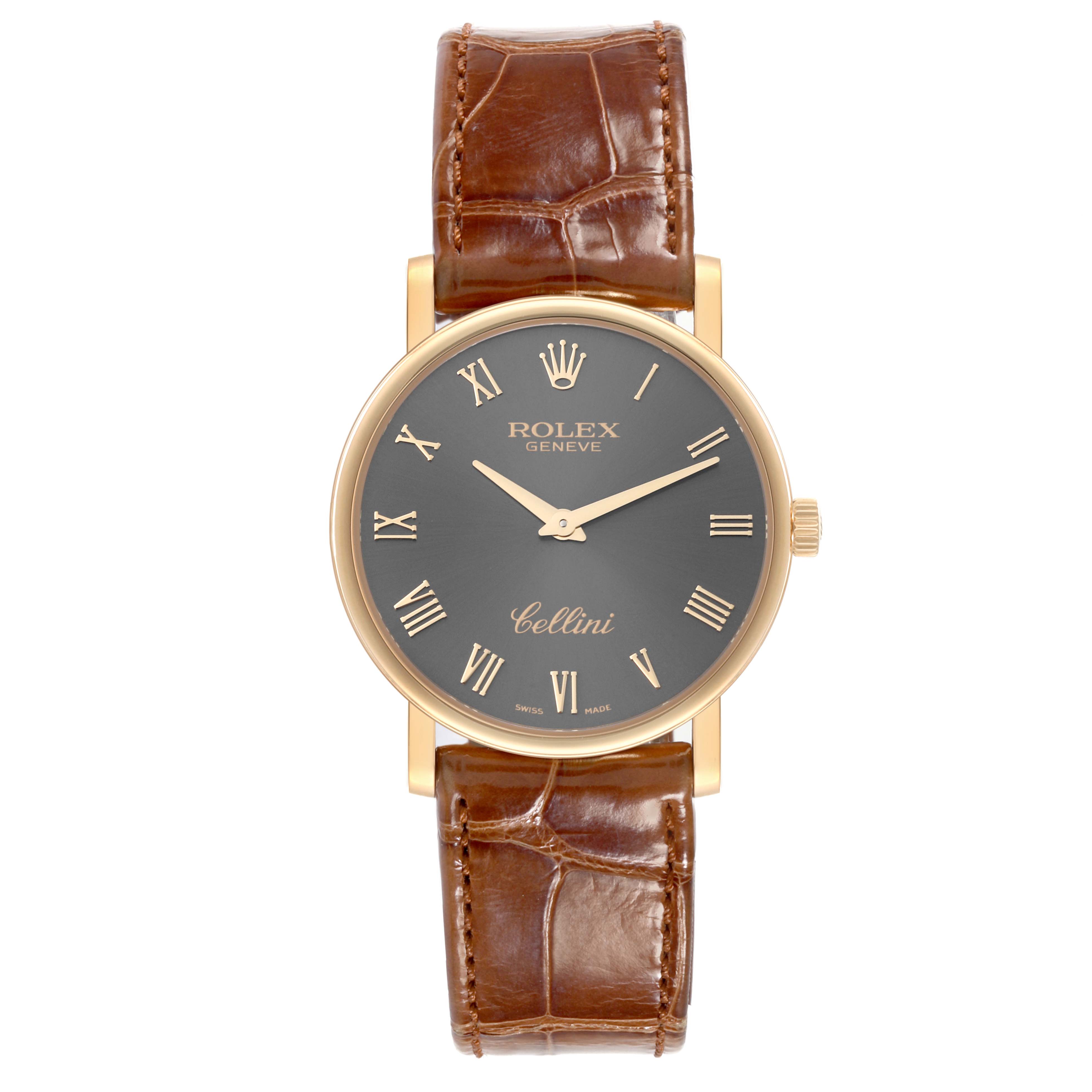 The image shows a front view of a Rolex Cellini 5115 Men's Yellow Gold Grey Dial 5115 Men's Yellow Gold Grey Dial watch with a brown leather strap and gold case.