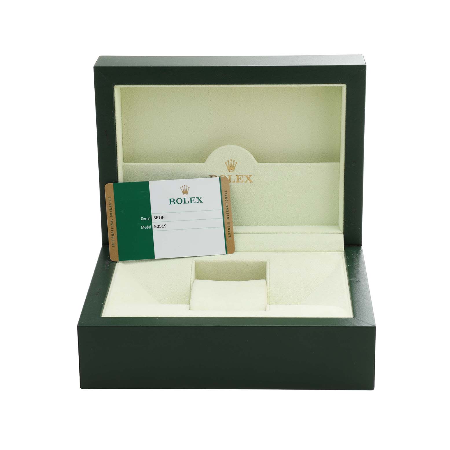 The image shows an open Rolex Cellini 50519 Men's White Gold Black Dial watch box with a warranty card inside.