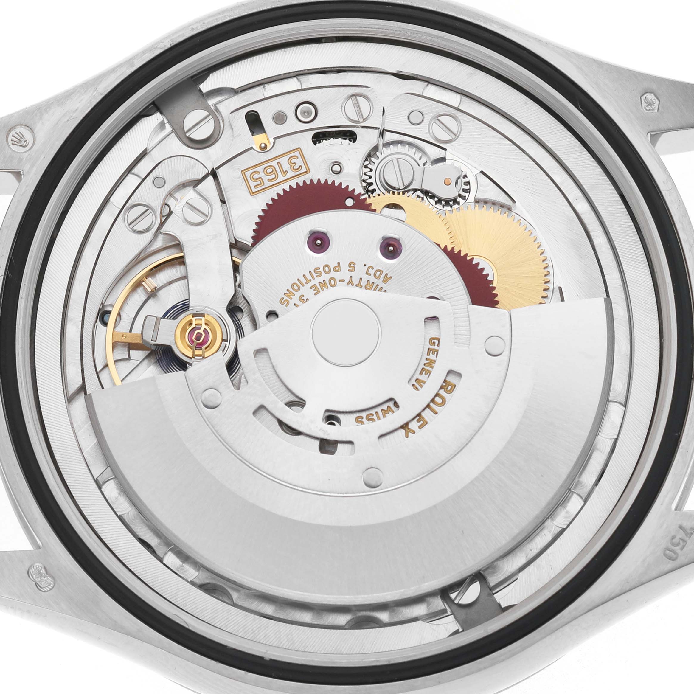 The Rolex Cellini 50519 Men's White Gold Black Dial watch is shown from the back, displaying its intricate movement and gears.