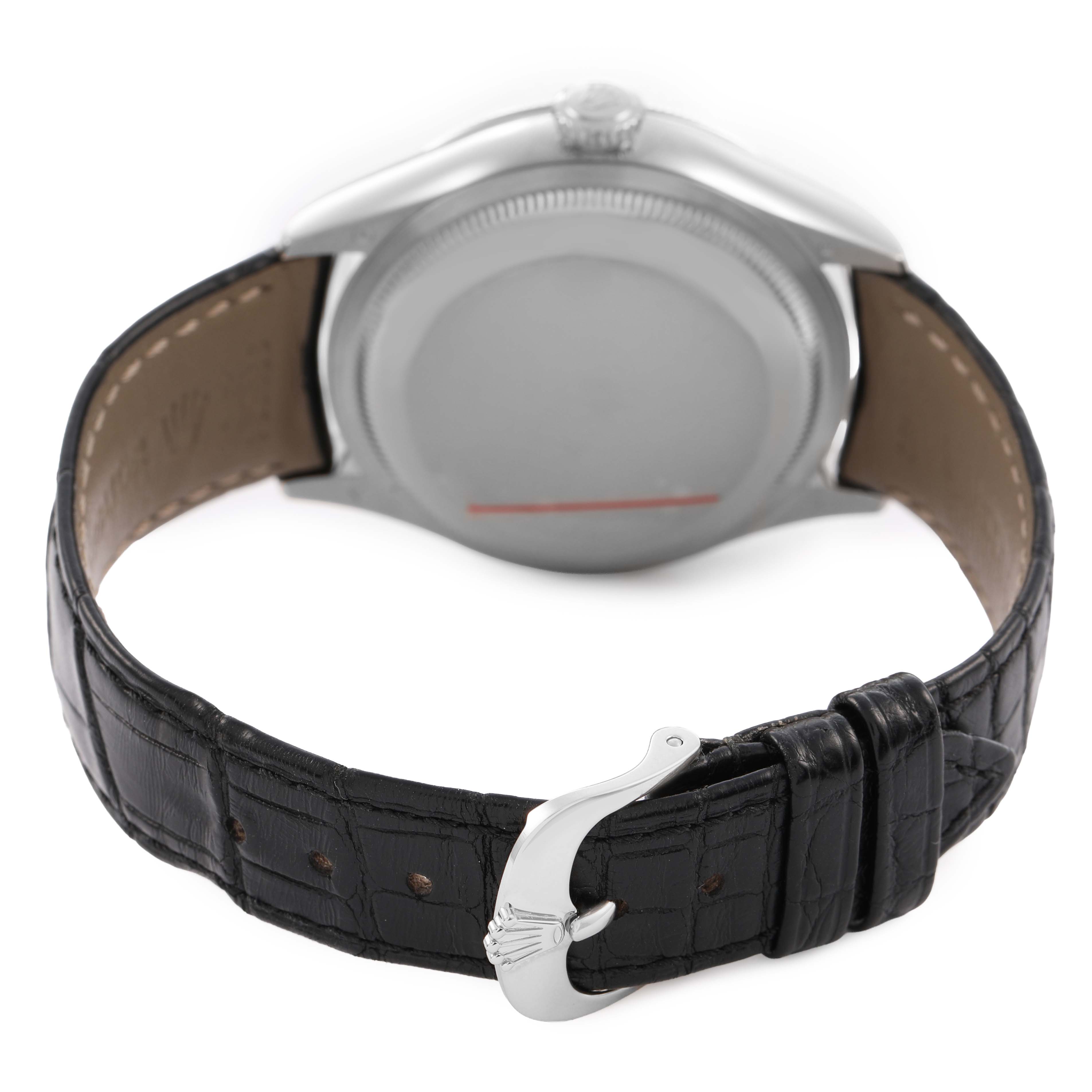 The image shows the back and side of the Rolex Cellini 50519 Men's White Gold Black Dial watch, featuring the case back and leather strap with buckle.