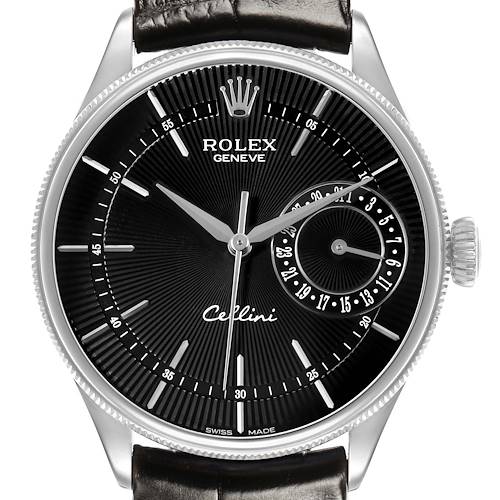 The Rolex Cellini 50519 Men's White Gold Black Dial watch is shown from a front angle, highlighting the dial, crown, and part of the leather strap.
