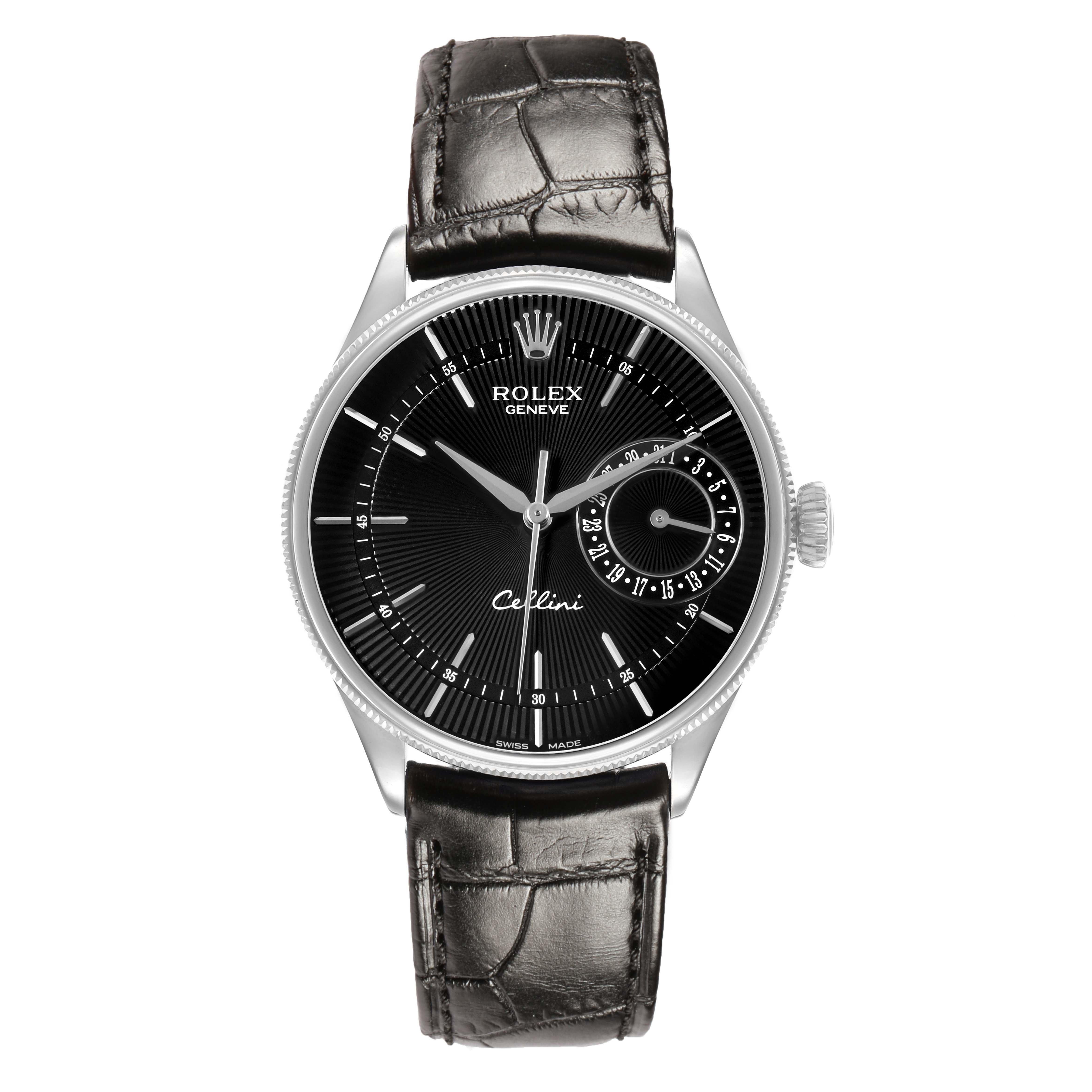The Rolex Cellini 50519 Men's White Gold Black Dial watch is shown from a front view, displaying the dial, hands, date function, and leather strap.