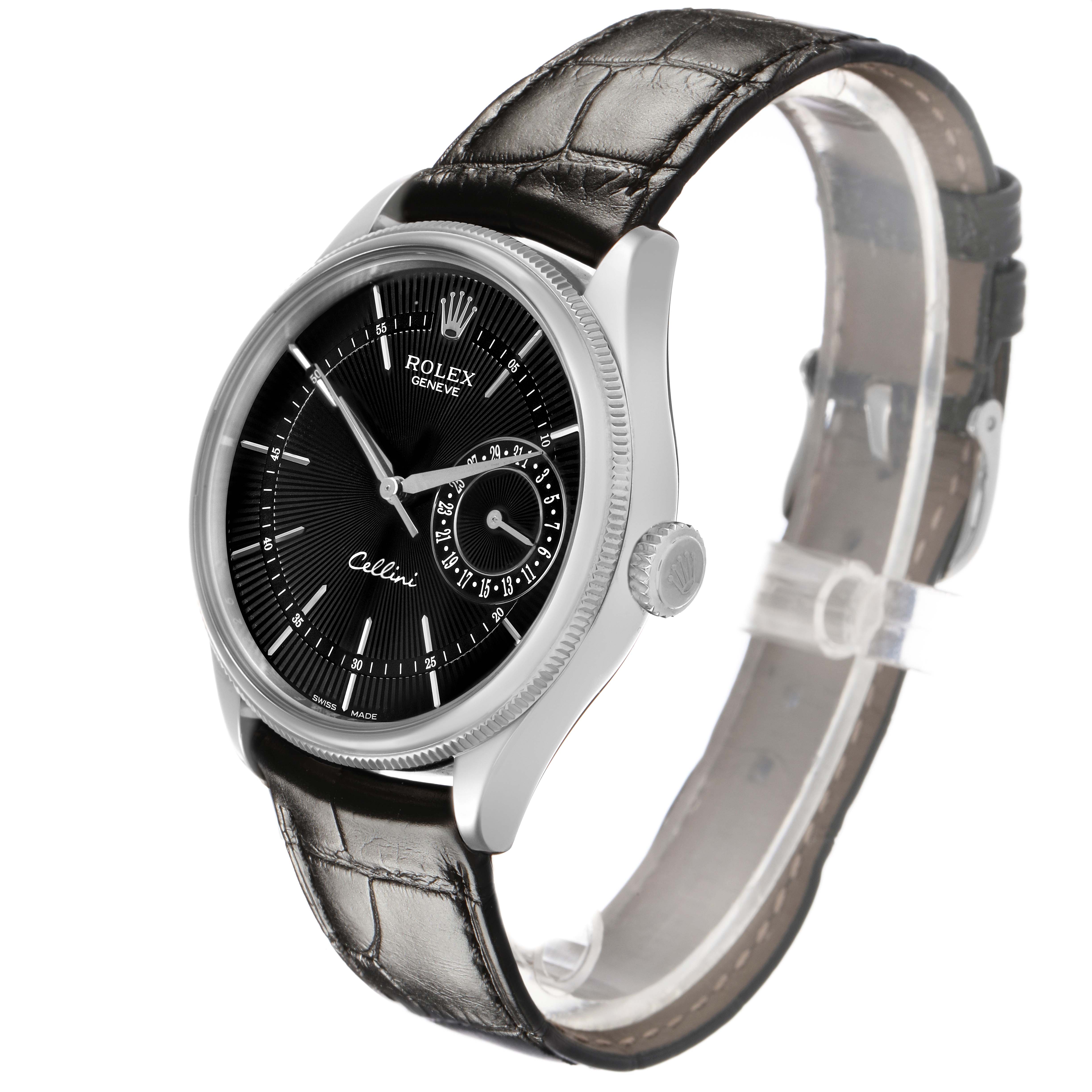 The Rolex Cellini 50519 Men's White Gold Black Dial watch is shown at a three-quarter angle, featuring its black dial, silver indices, and leather strap.