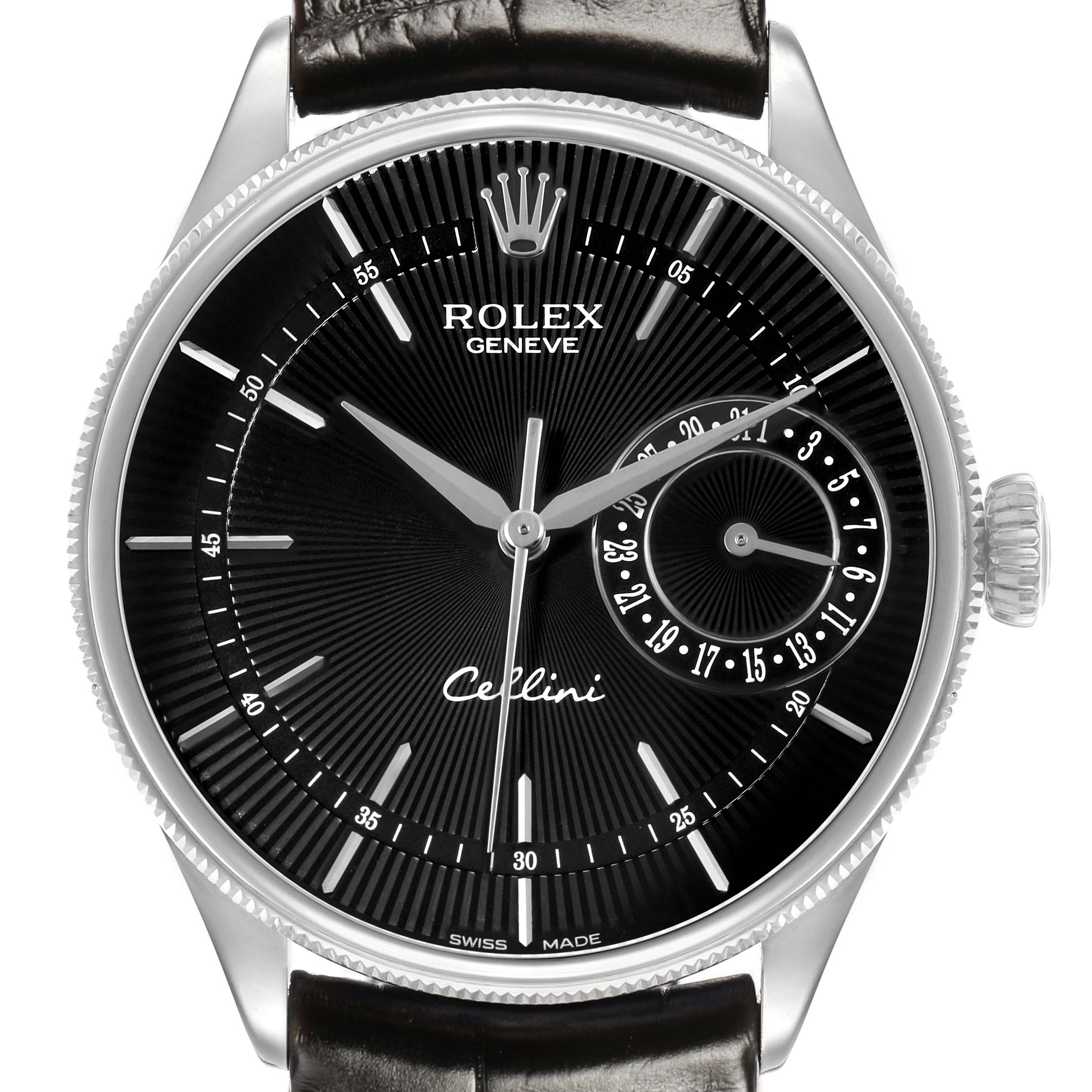 The Rolex Cellini 50519 Men's White Gold Black Dial watch is shown from a front angle, displaying the dial, hands, crown, and part of the leather strap.