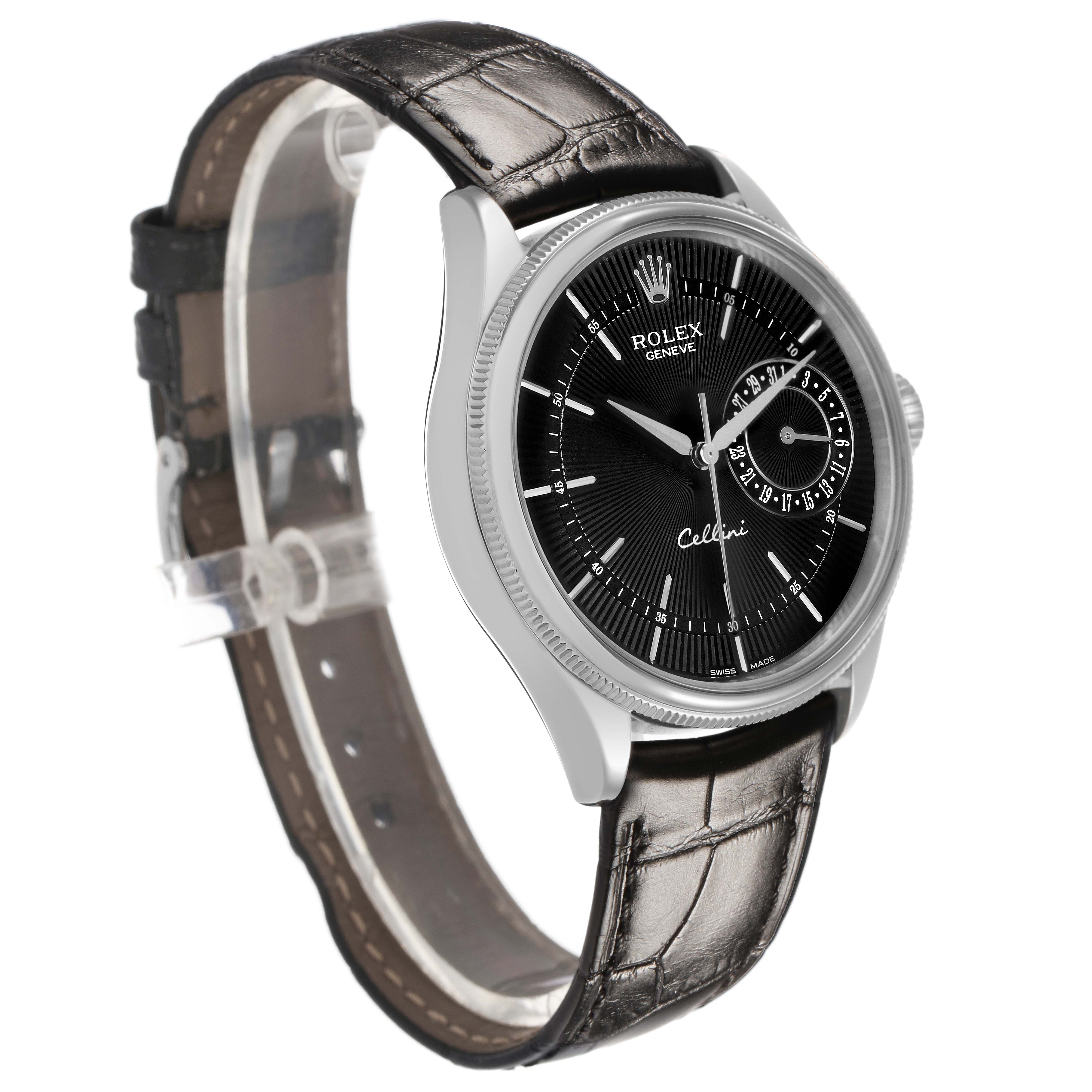 The Rolex Cellini 50519 Men's White Gold Black Dial watch is shown at a slightly tilted angle, displaying the face, case, crown, and leather strap.