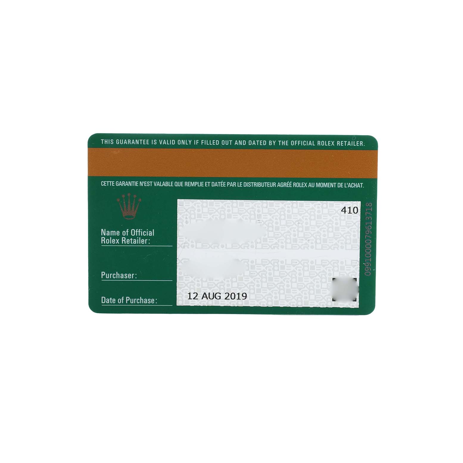 The image shows a warranty card for the Rolex Cellini 50519 Men's White Gold Black Dial, displaying retailer and purchase information.