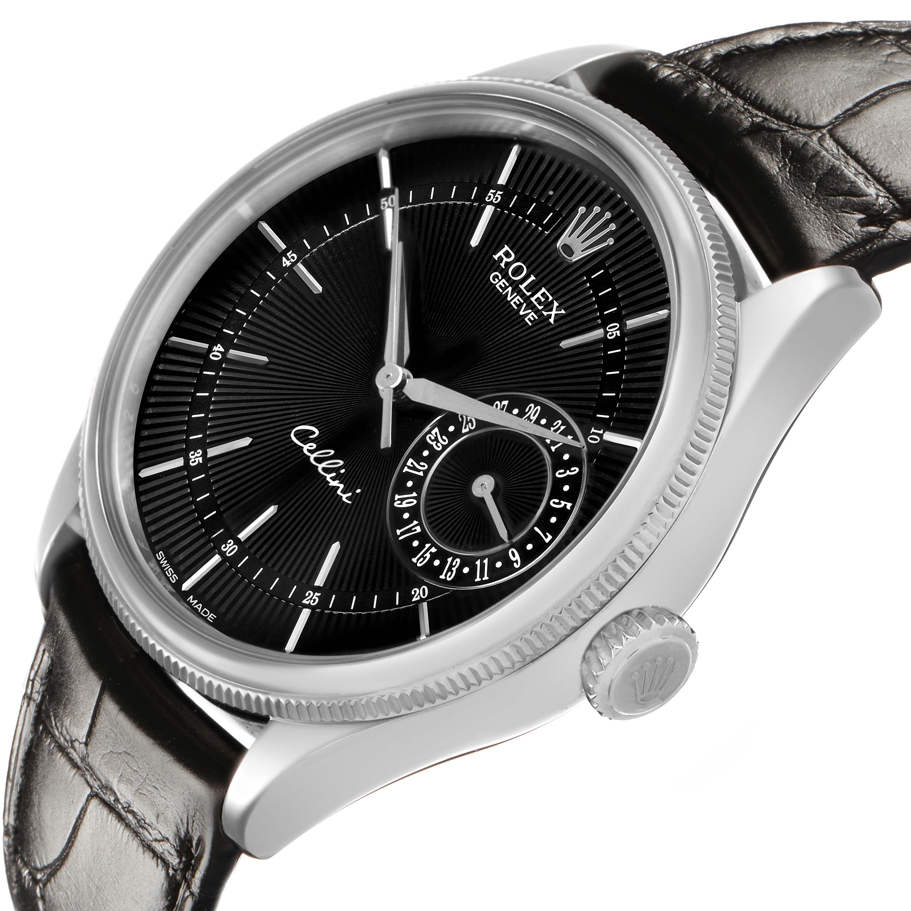 The Rolex Cellini 50519 Men's White Gold Black Dial watch is shown at a slight angle highlighting the black dial, silver case, crown, and leather strap.