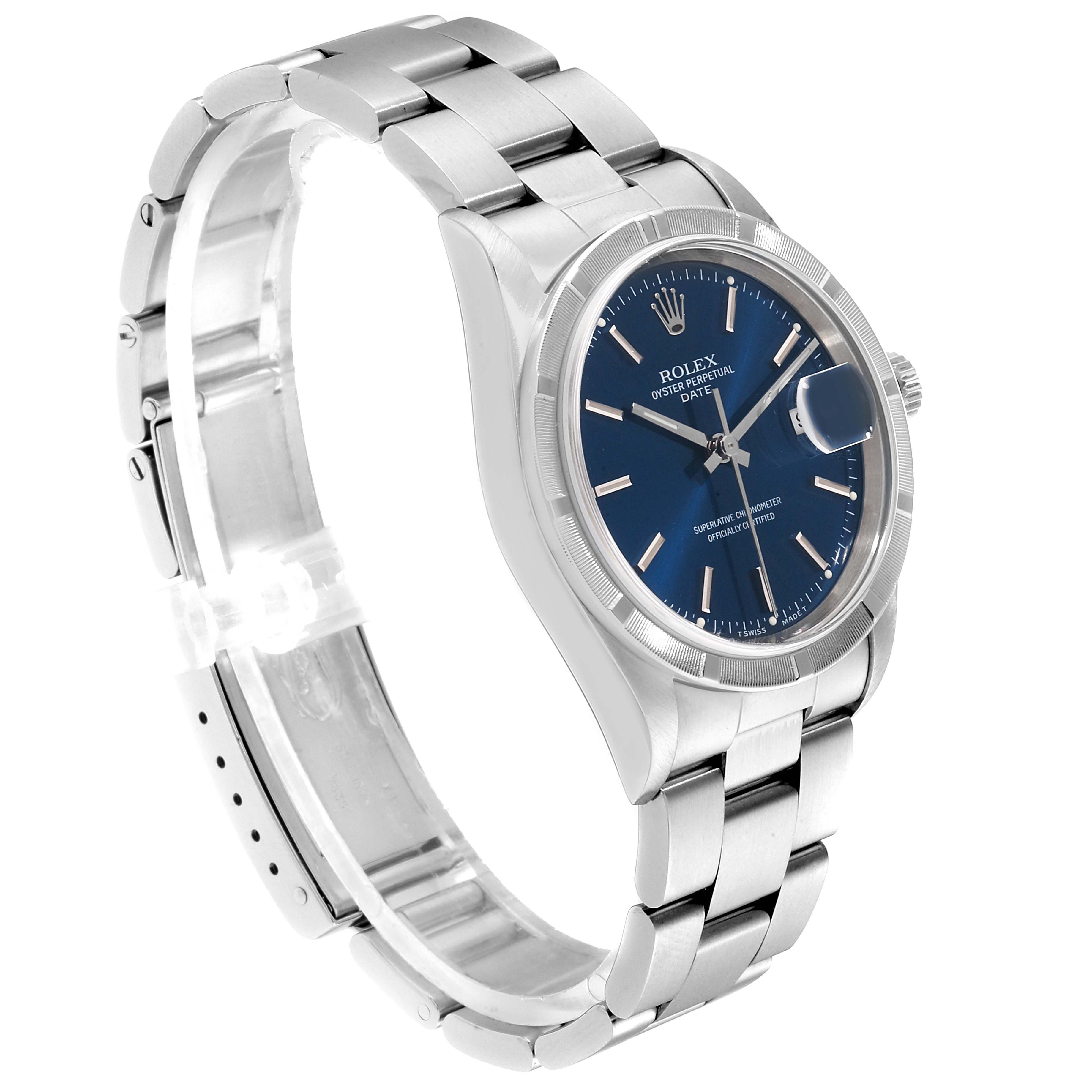 This image shows a Rolex Date 15210 Men's Stainless Steel Blue Dial 15210 Men's Stainless Steel Blue Dial model watch from a right-side angle, displaying the dial, bracelet, and clasp.
