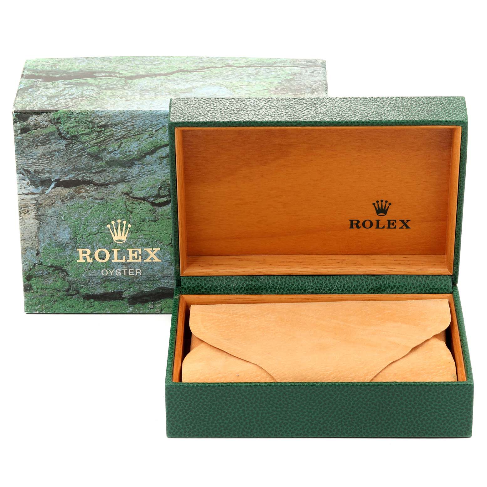 The image shows the open green leather Rolex box and the outer packaging for a Rolex Date 15210 Men's Stainless Steel Blue Dial 15210 Men's Stainless Steel Blue Dial model watch.