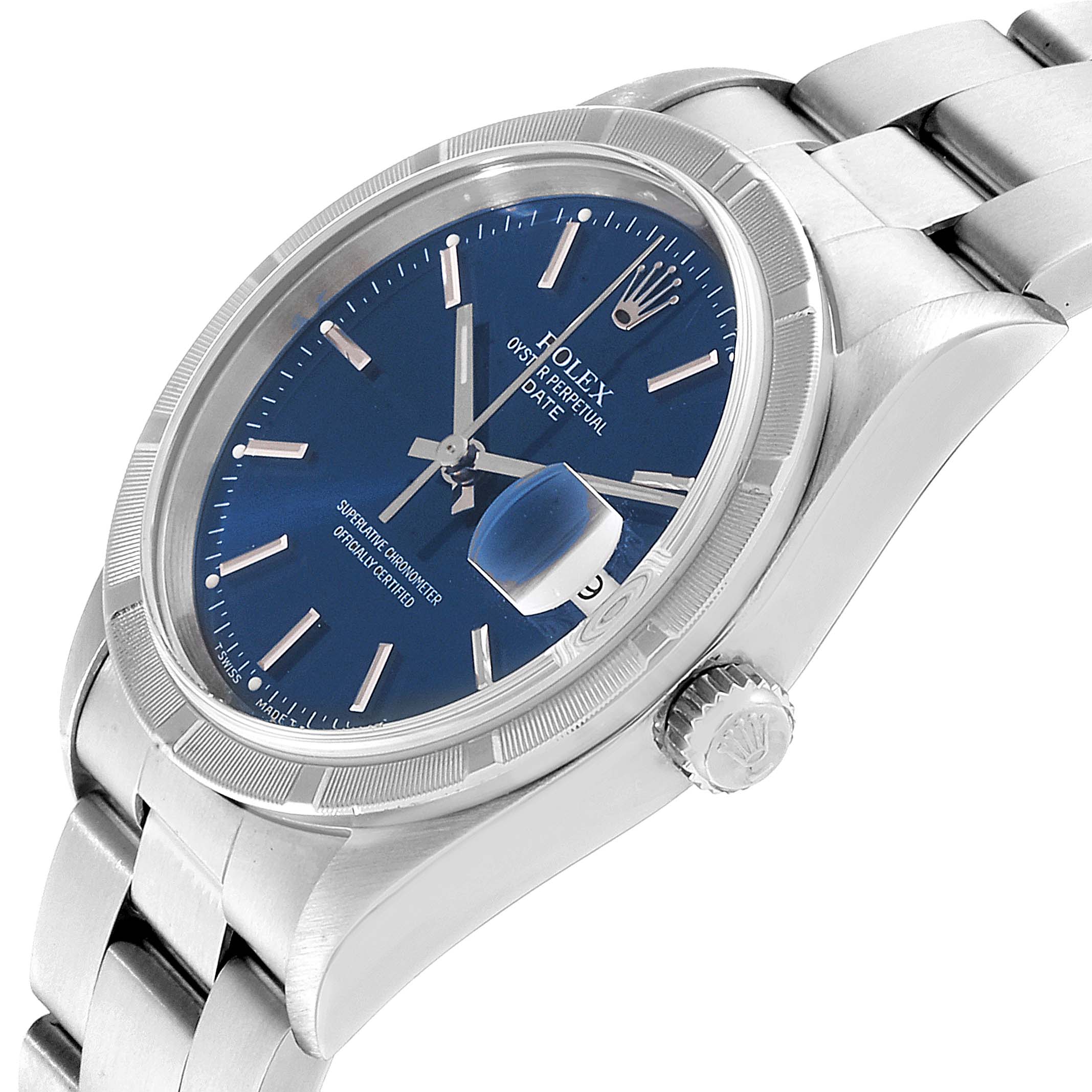 The image shows a Rolex Date 15210 Men's Stainless Steel Blue Dial 15210 Men's Stainless Steel Blue Dial model watch at a slight side angle, highlighting the face, crown, and bracelet.