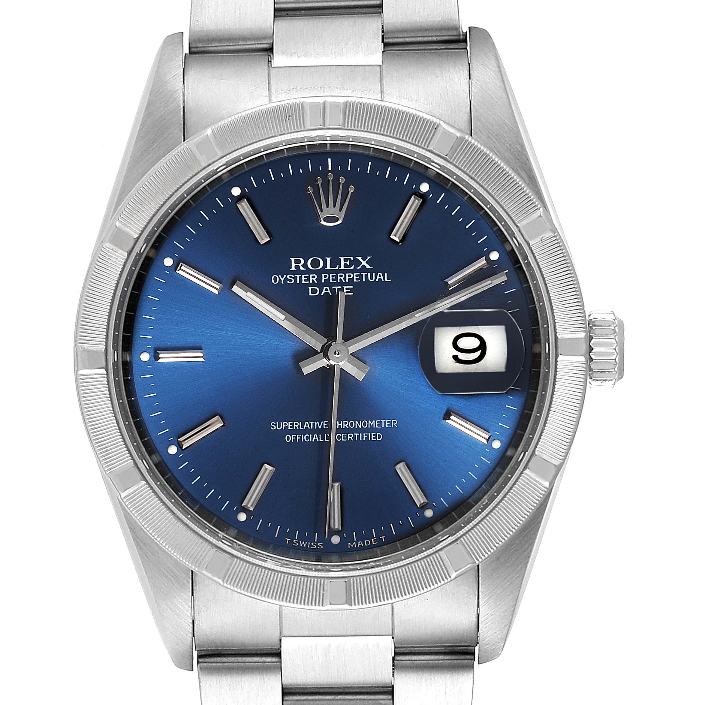 The image shows a front view of the Rolex Oyster Perpetual Date watch, featuring the dial, crown, and stainless steel bracelet.