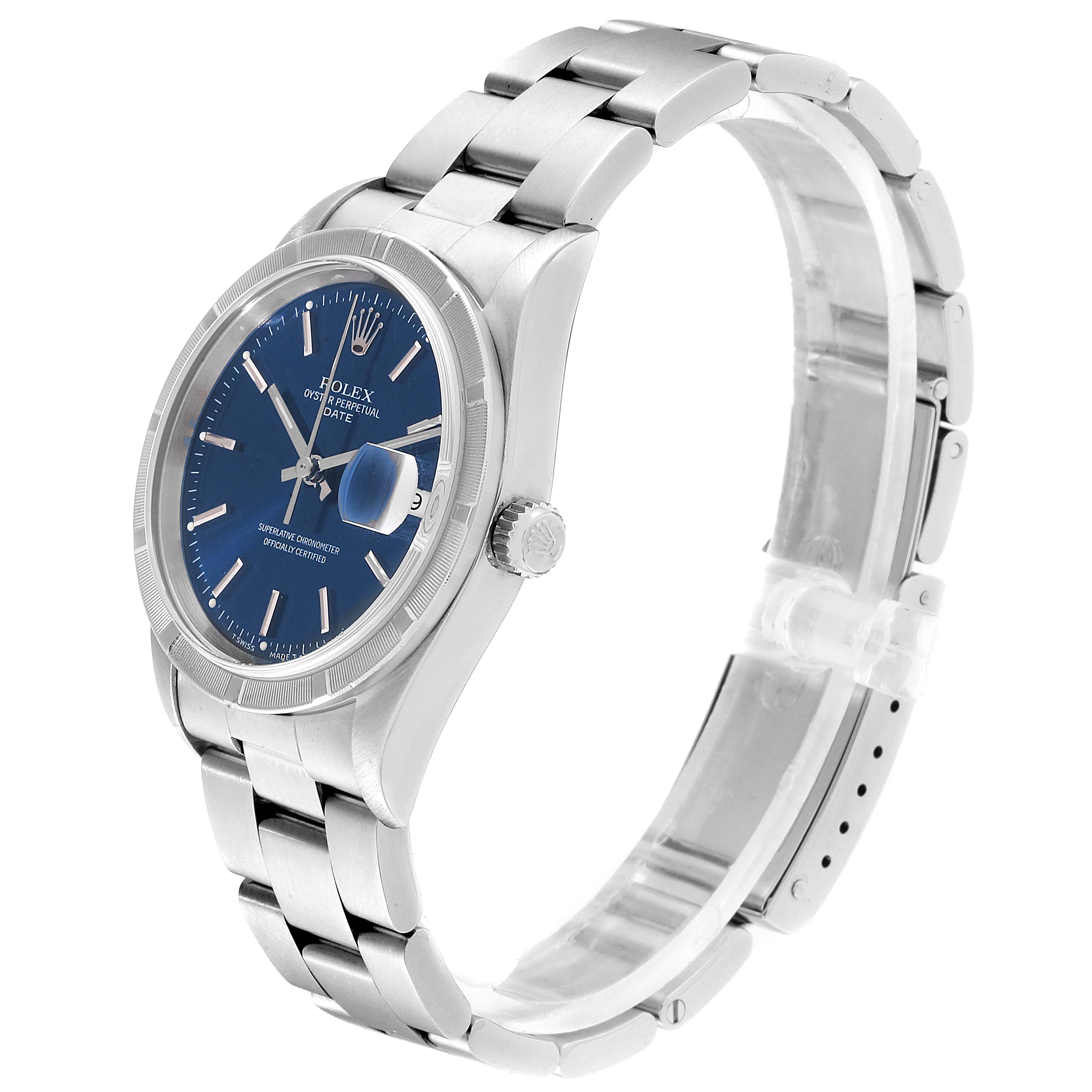 The image shows a side-angle view of the Rolex Date 15210 Men's Stainless Steel Blue Dial 15210 Men's Stainless Steel Blue Dial model watch, highlighting the bracelet, bezel, crown, and blue dial.