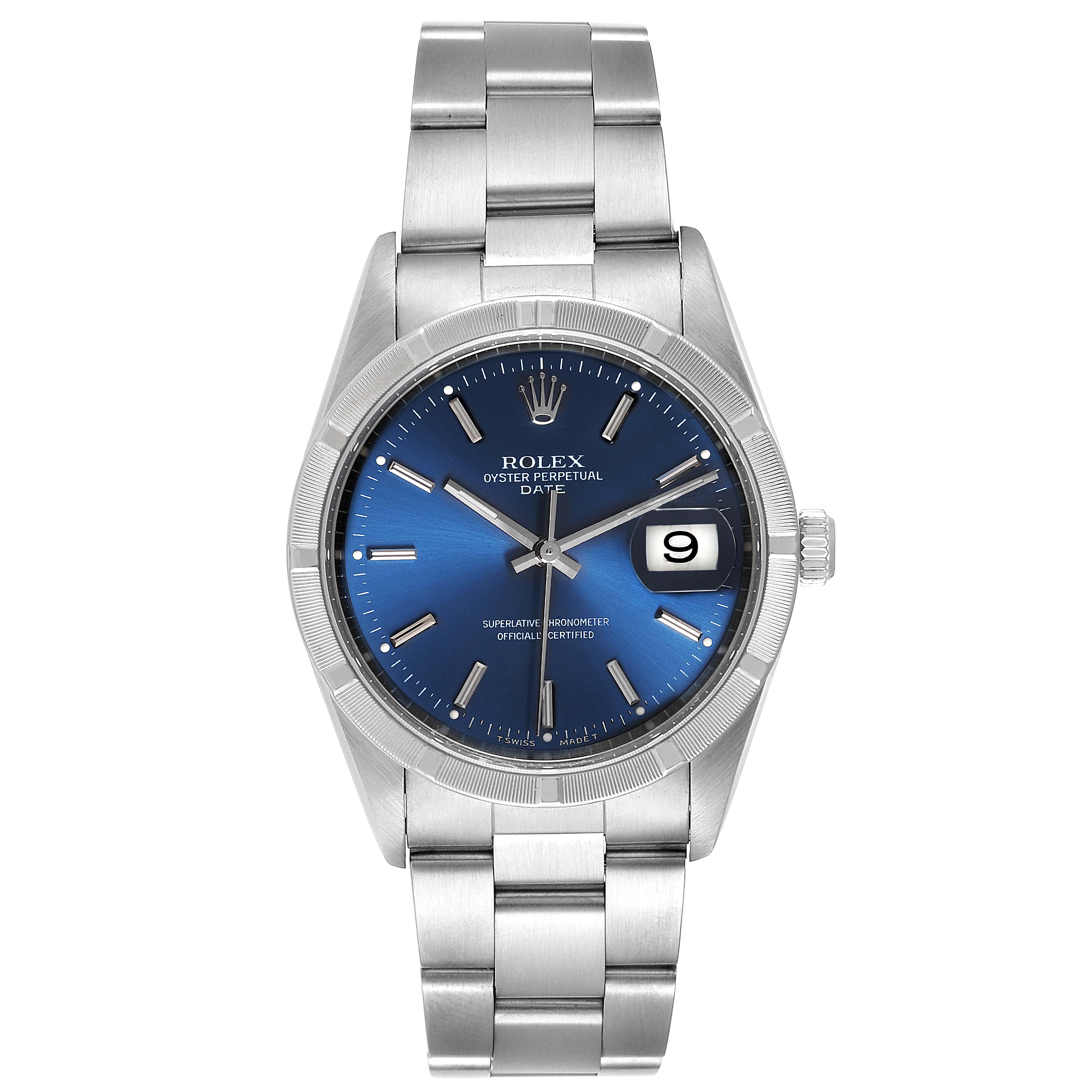 The image shows a frontal view of the Rolex Oyster Perpetual Date watch with a blue dial and stainless steel bracelet.