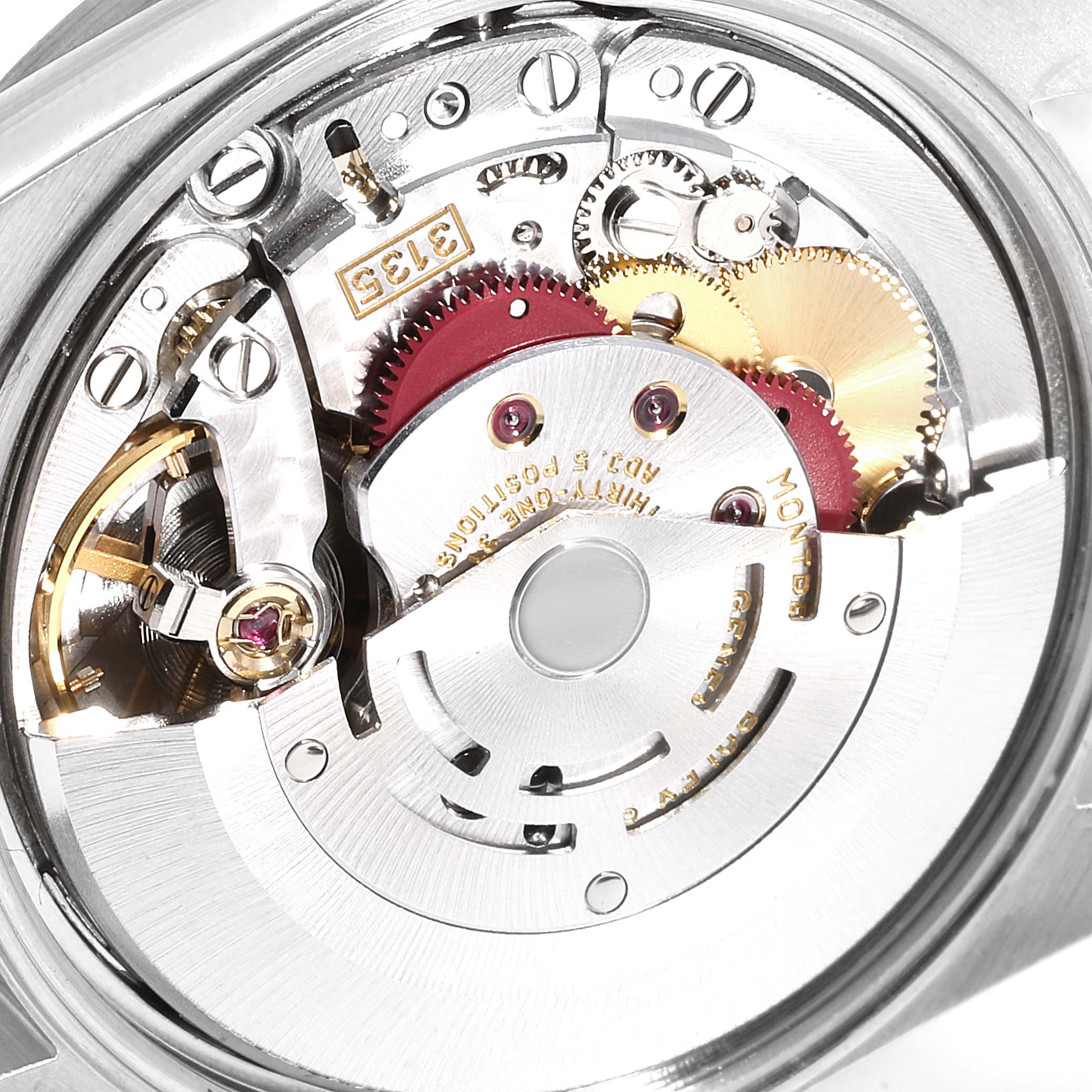 This image shows the internal movement mechanics of the Rolex Date 15210 Men's Stainless Steel Blue Dial 15210 Men's Stainless Steel Blue Dial model watch at a close-up angle.