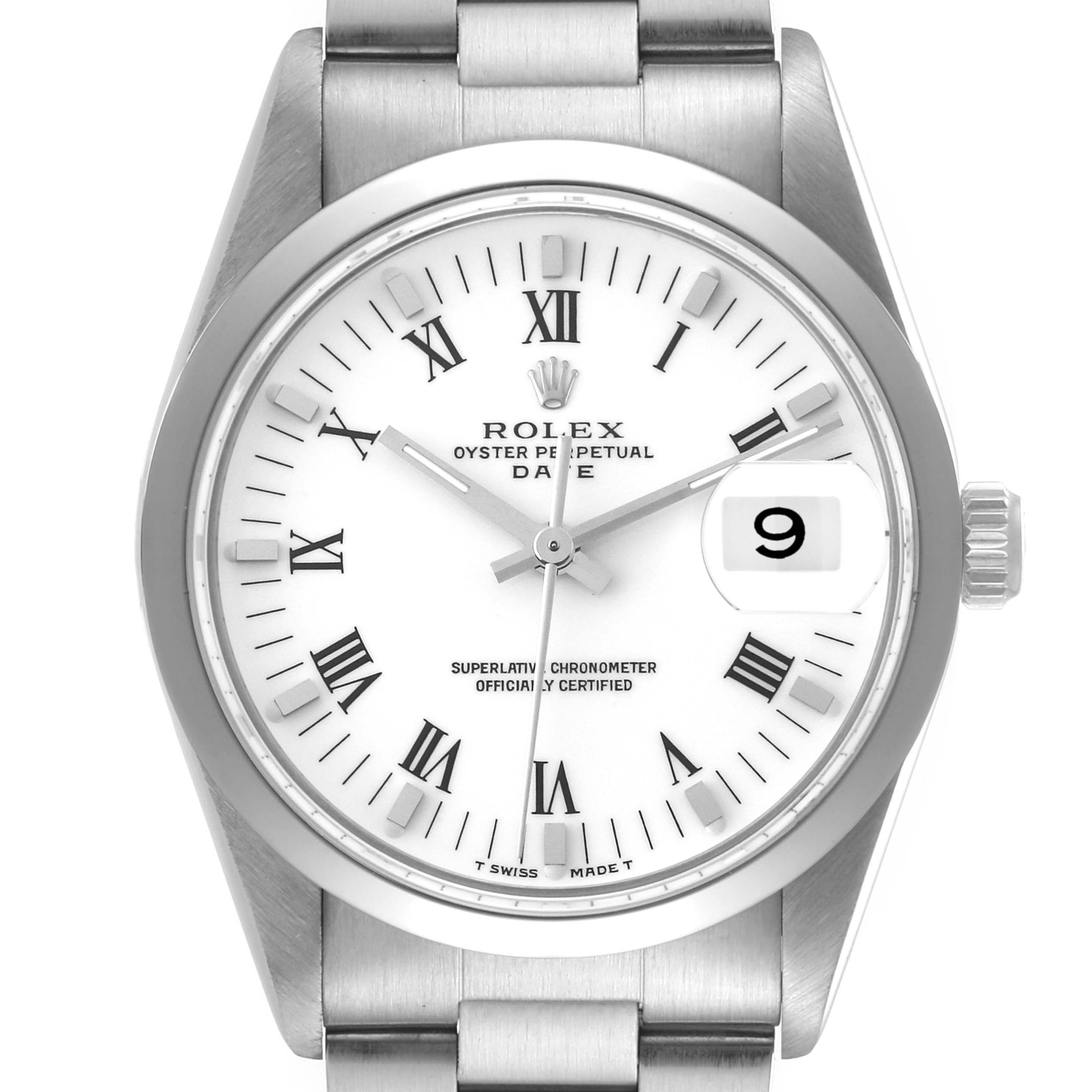 The image shows a front view of a Rolex Date 15200 Men's Stainless Steel White Dial 15200 Men's Stainless Steel White Dial watch model, highlighting the dial with Roman numerals, date window, and stainless steel bracelet.