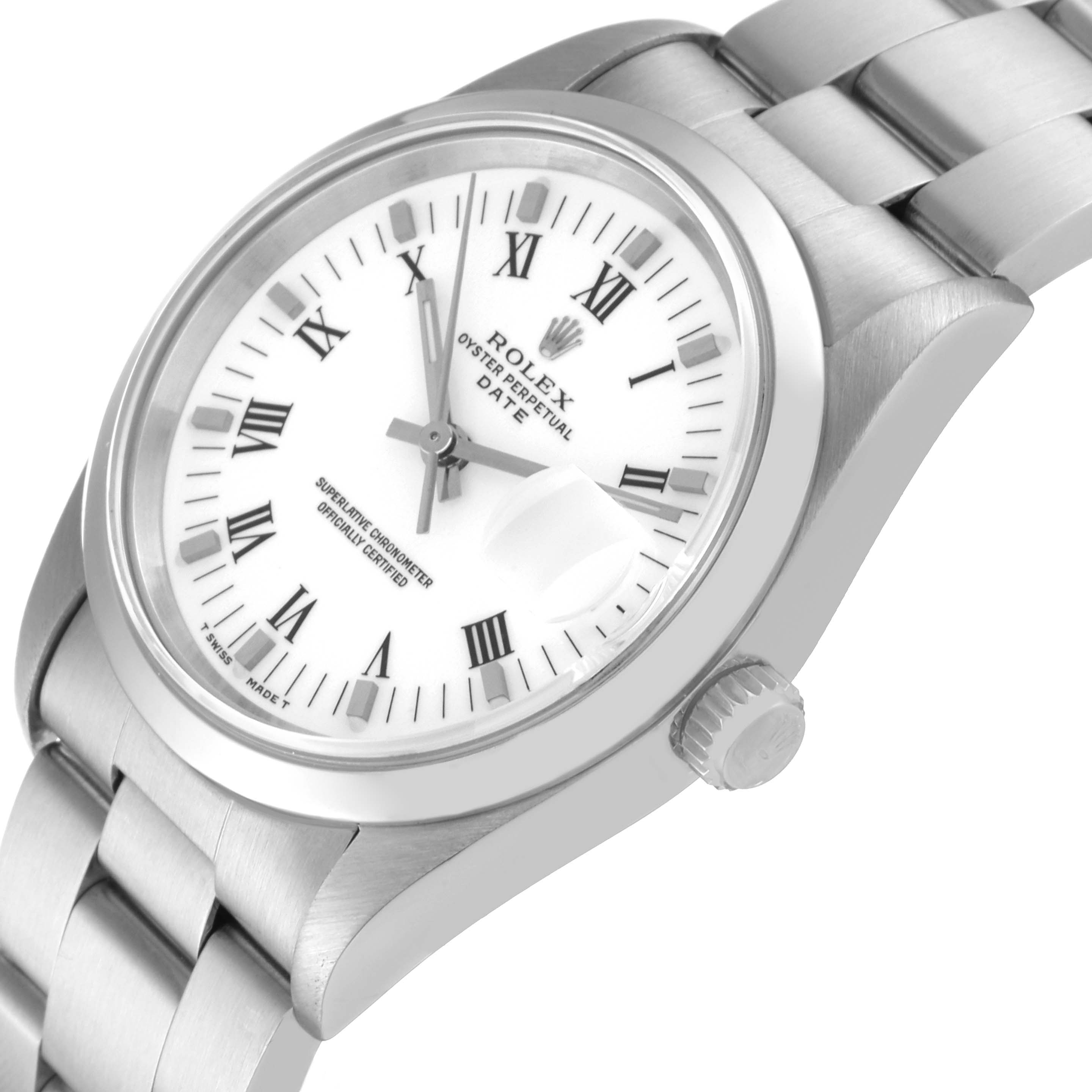 The image shows a Rolex Date 15200 Men's Stainless Steel White Dial 15200 Men's Stainless Steel White Dial model watch from an angled side view, highlighting its dial, bezel, crown, and bracelet.