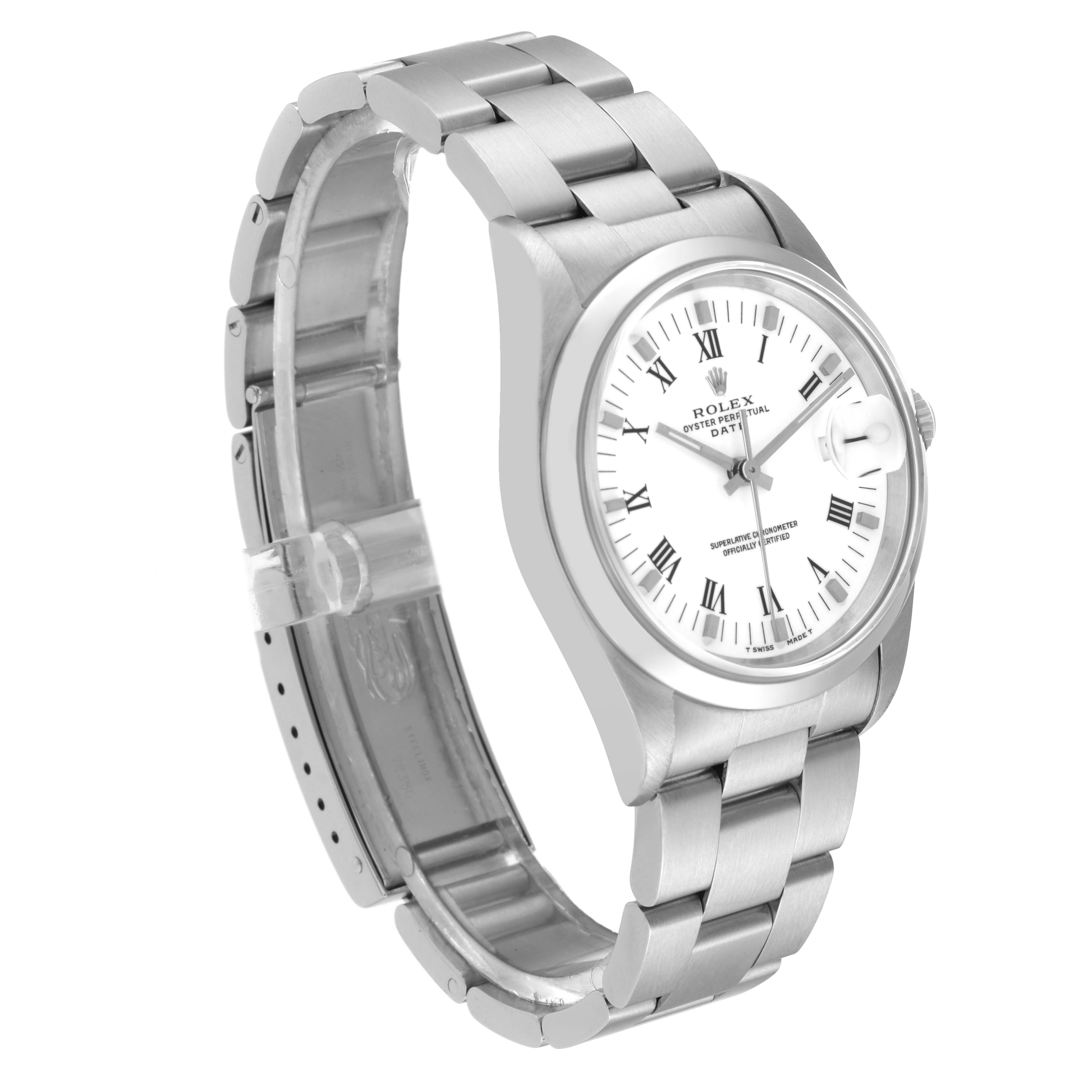 The image shows a Rolex Oyster Perpetual Date watch at a three-quarter angle displaying its face, bracelet, and clasp.