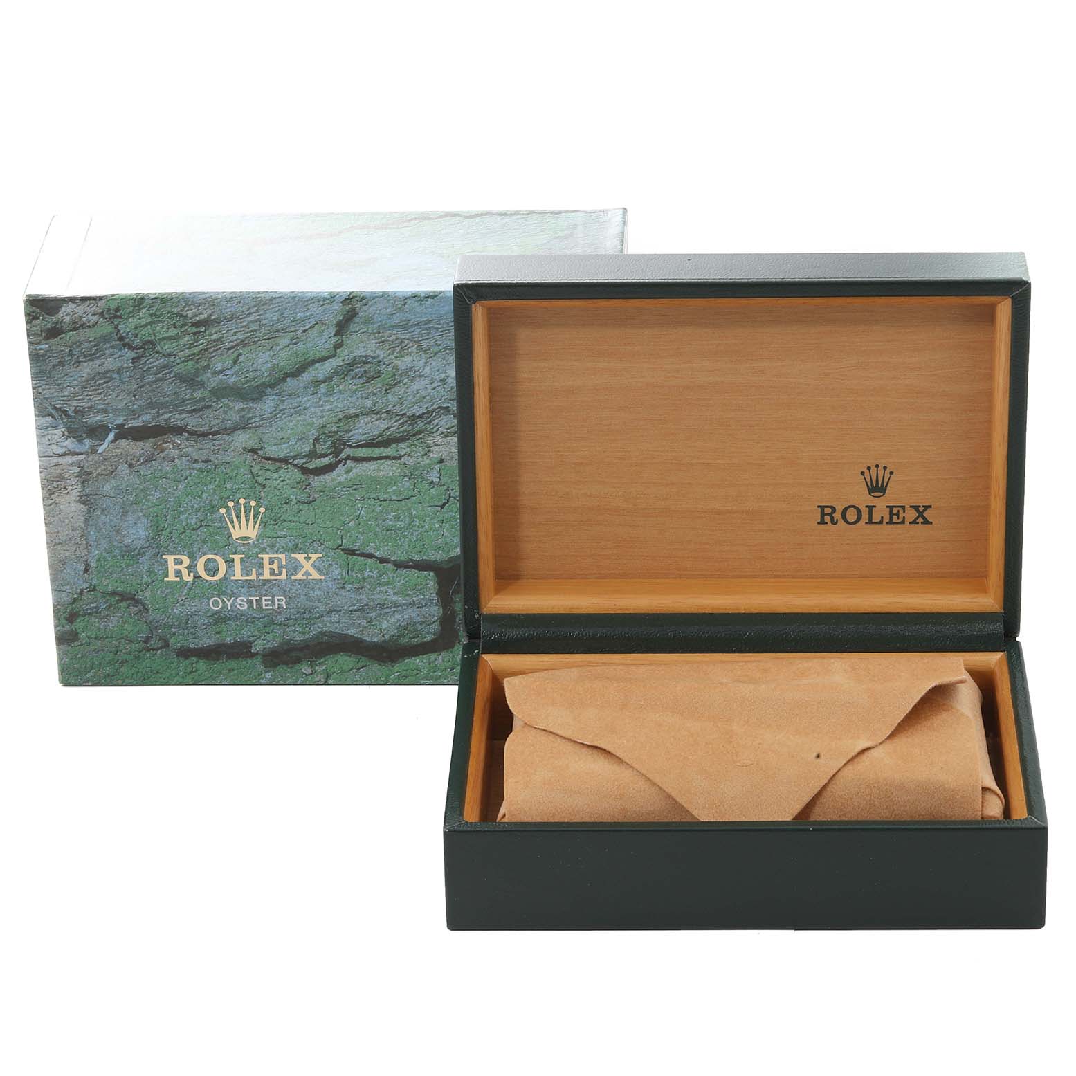 This image shows the packaging of the Rolex Date 15200 Men's Stainless Steel White Dial 15200 Men's Stainless Steel White Dial model, including the outer box and open wooden inner box with a cushion inside.