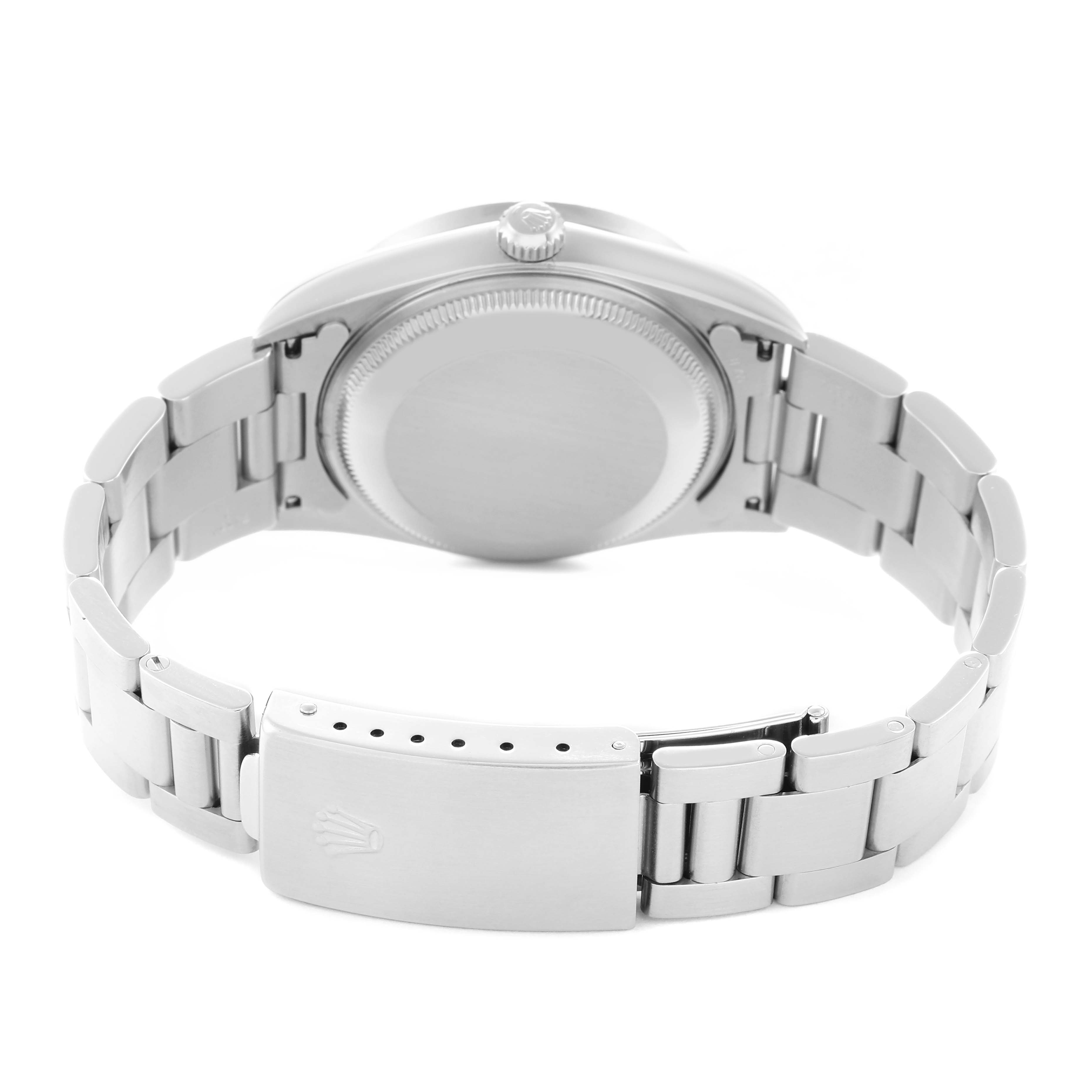 The image shows the back case and clasp of a Rolex Date 15210 Men
s Stainless Steel Silver Dial model at an angle highlighting the bracelet and engraved logo.